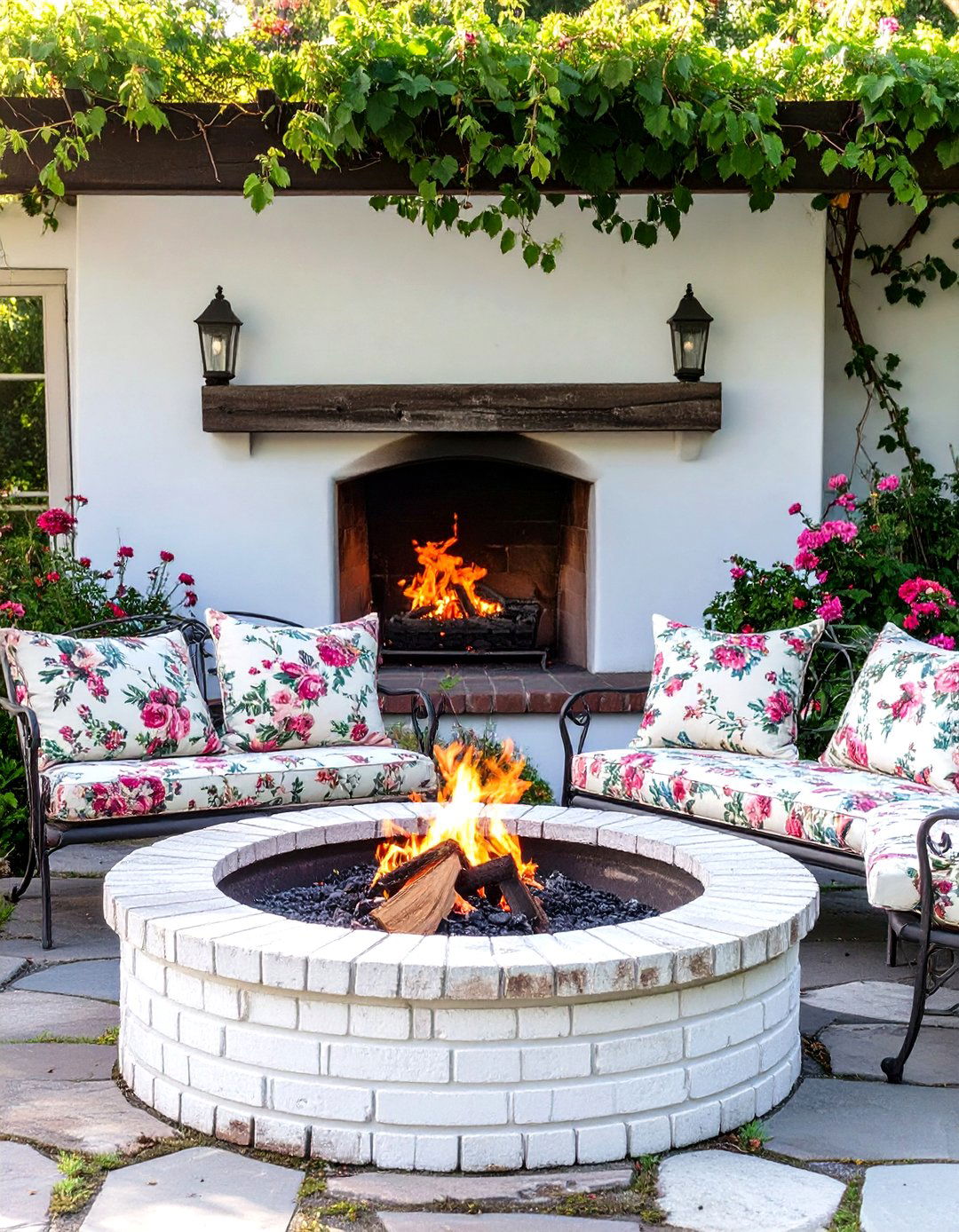 A Whitewashed Brick Fire Pit Area - 30 country backyard rustic fire pit ideas
