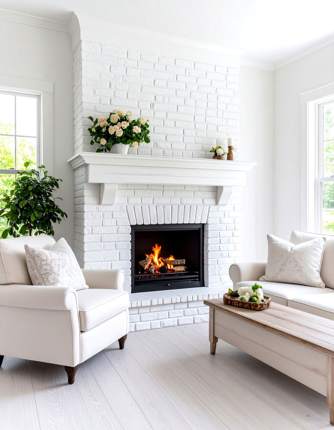 A Whitewashed Brick Living Room Corner Fireplace - 30 living room corner fireplace ideas