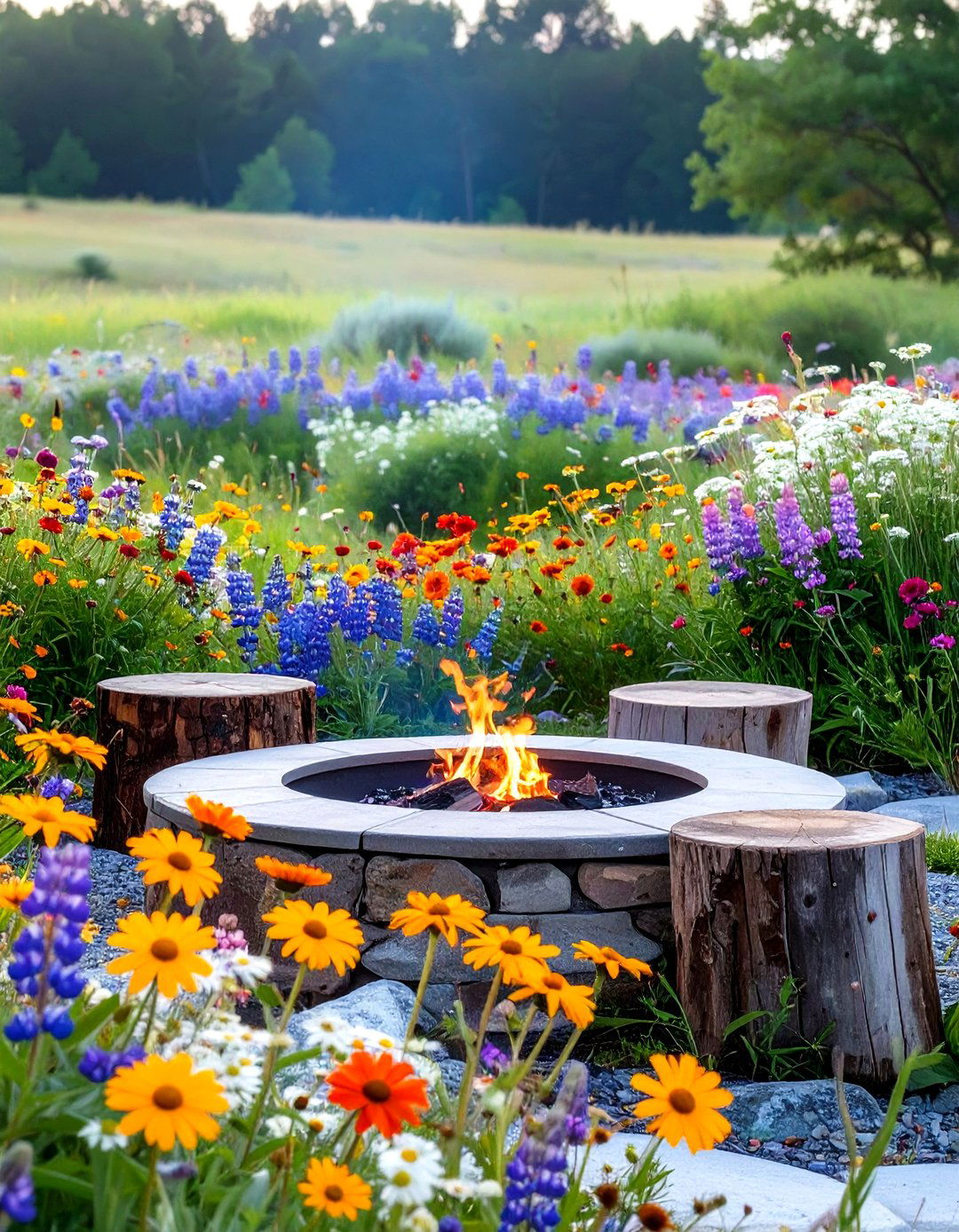A Wildflower Garden Fire Pit - 30 country backyard rustic fire pit ideas