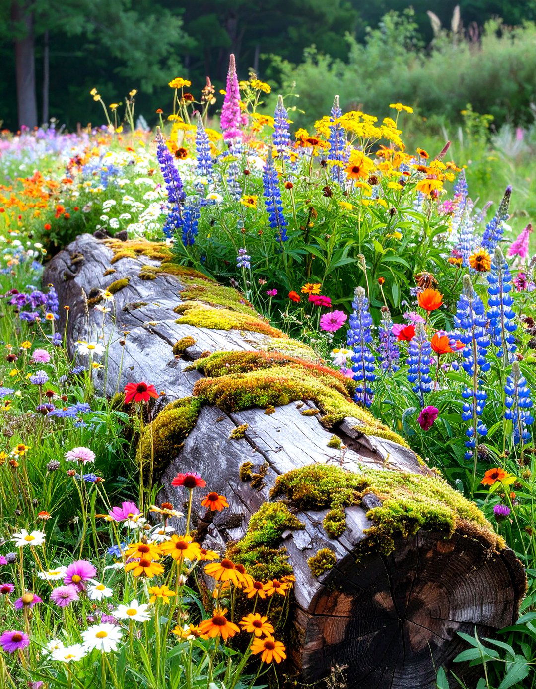 A Wildflower Garden with Log and Stump Features - 30 wildflower garden ideas