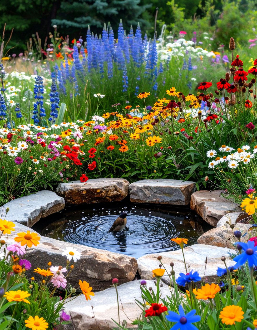 A Wildflower Garden with a Water Feature - 30 wildflower garden ideas