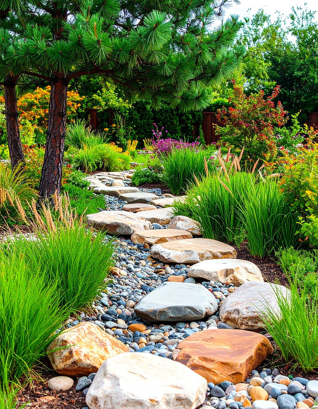 A Winding Dry Creek Bed - 30 landscaping ideas around trees pictures