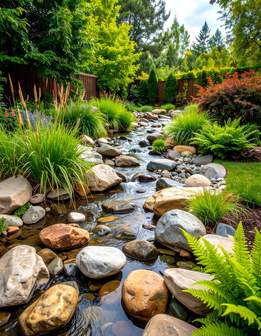 A Winding River Rock Dry Creek Bed - 30 front yard landscaping ideas with rocks