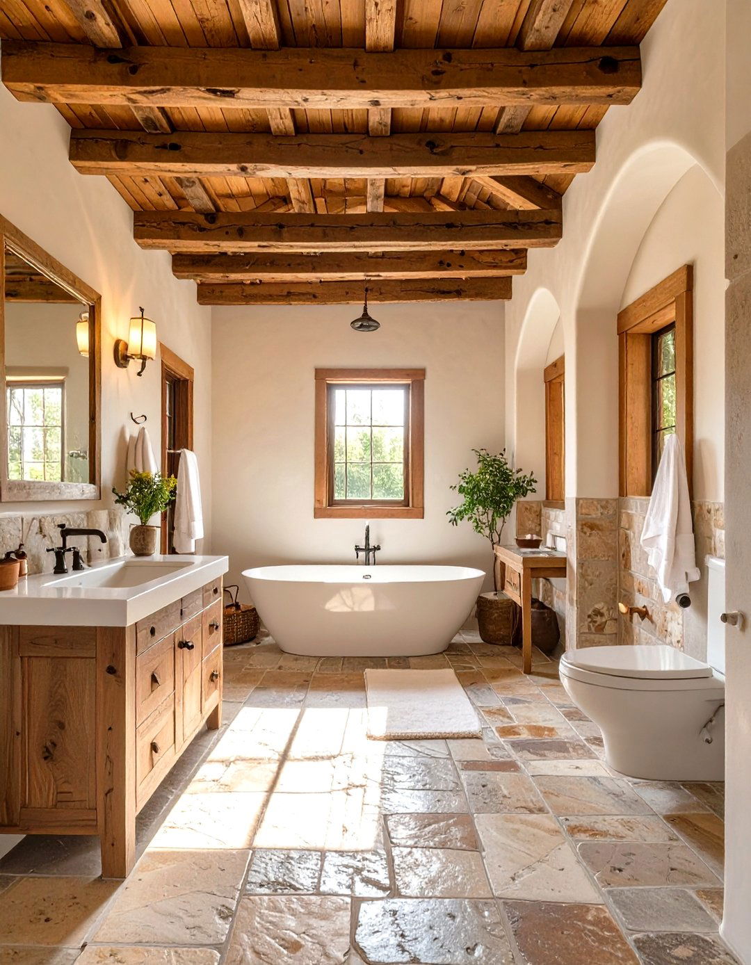 A Wood Beams and High Ceiling Bathroom - 30 farmhouse rustic bathroom ideas