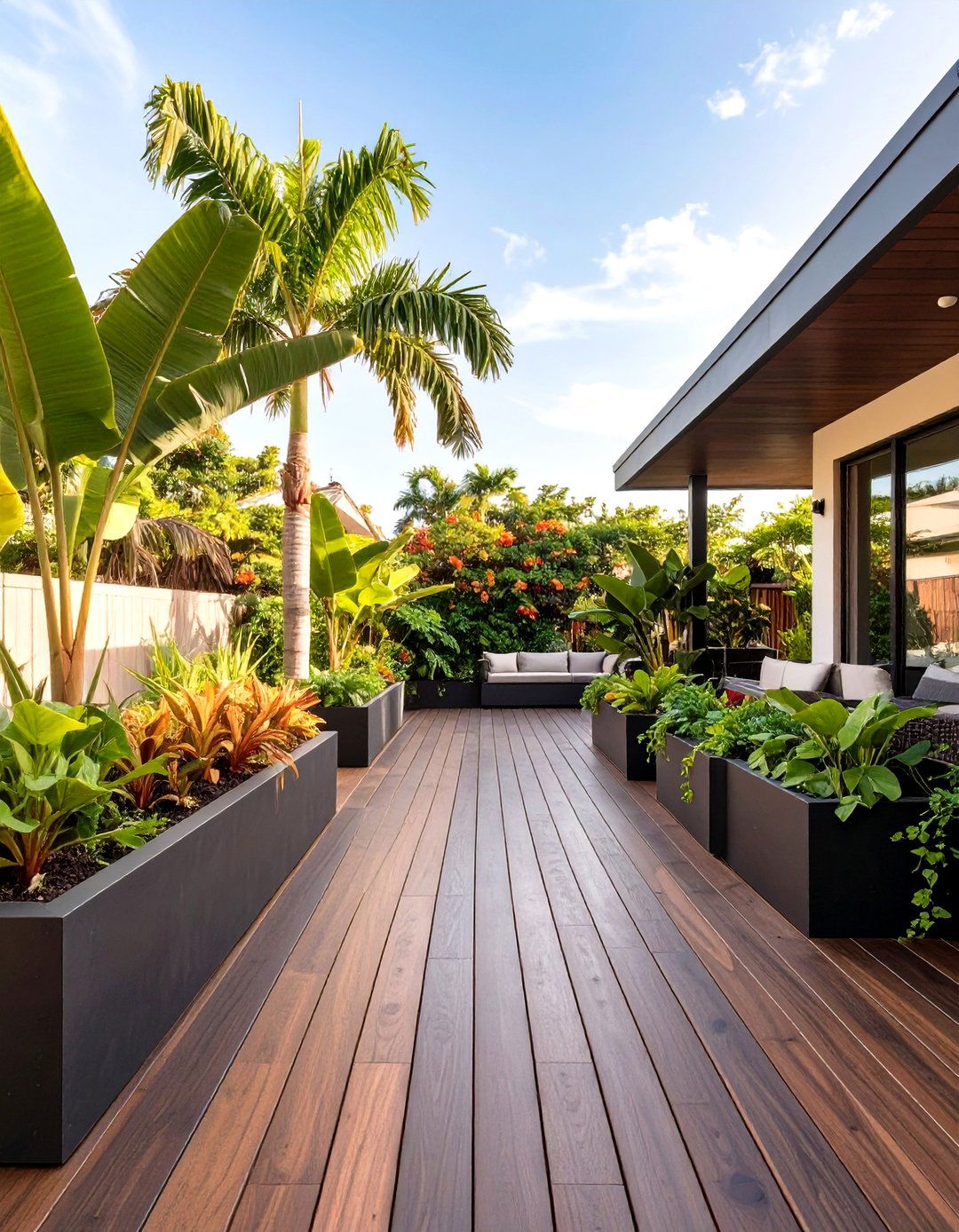 A Wooden Deck with Integrated Planters - 30 tropical backyard ideas