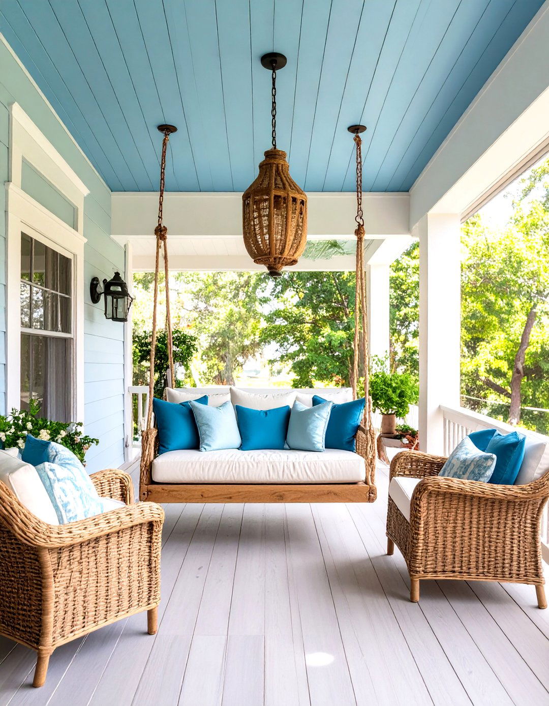 A Wraparound Farmhouse Porch with Swing Beds - 30 farmhouse porch ideas