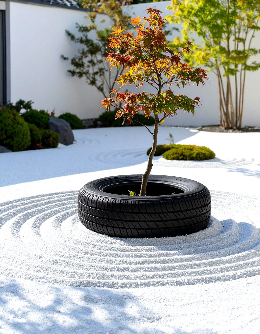 A Zen Garden with Raked Tyre Circles - 30 creative landscape tyre garden designs