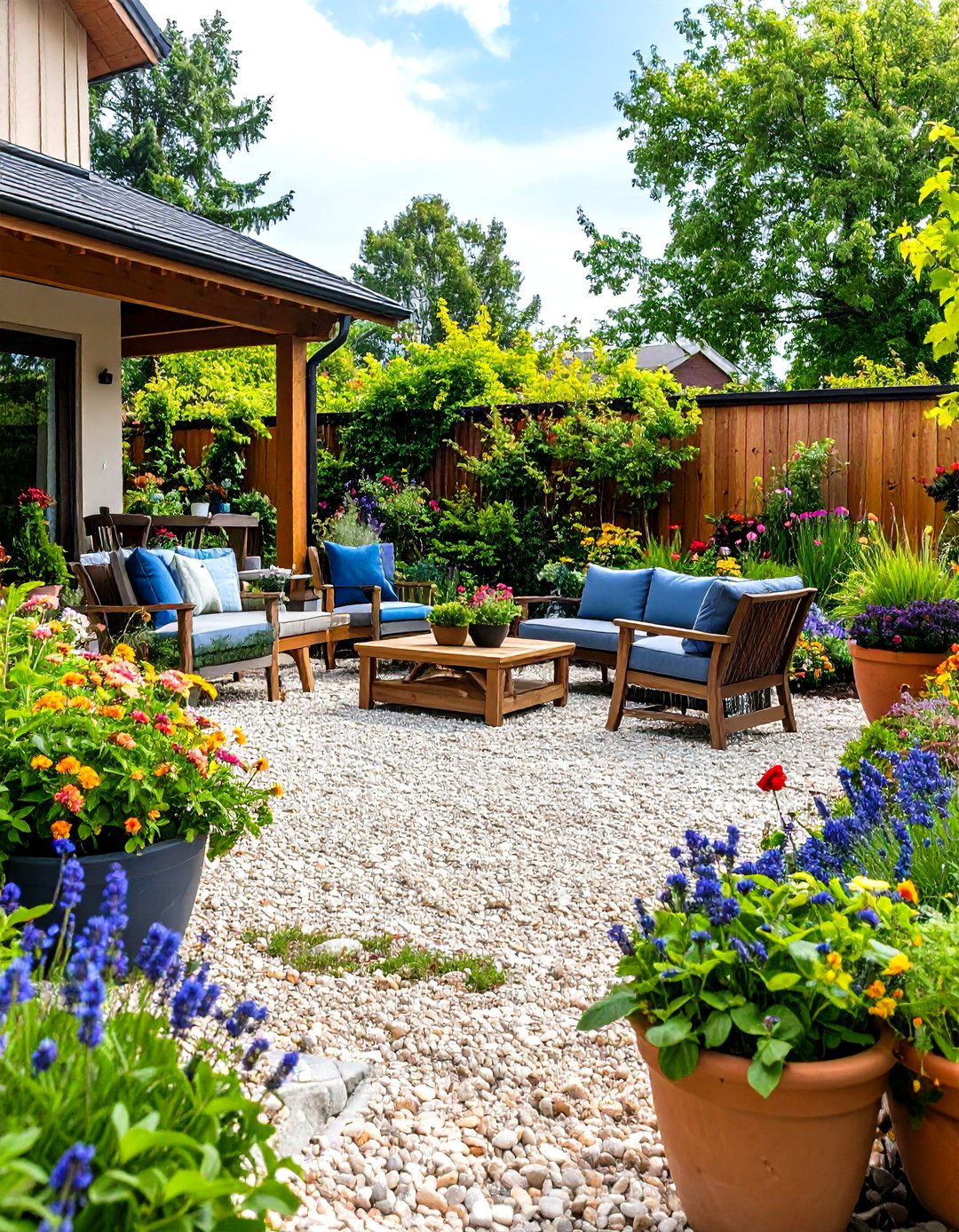 A gravel patio with container gardens - 30 easy backyard ideas
