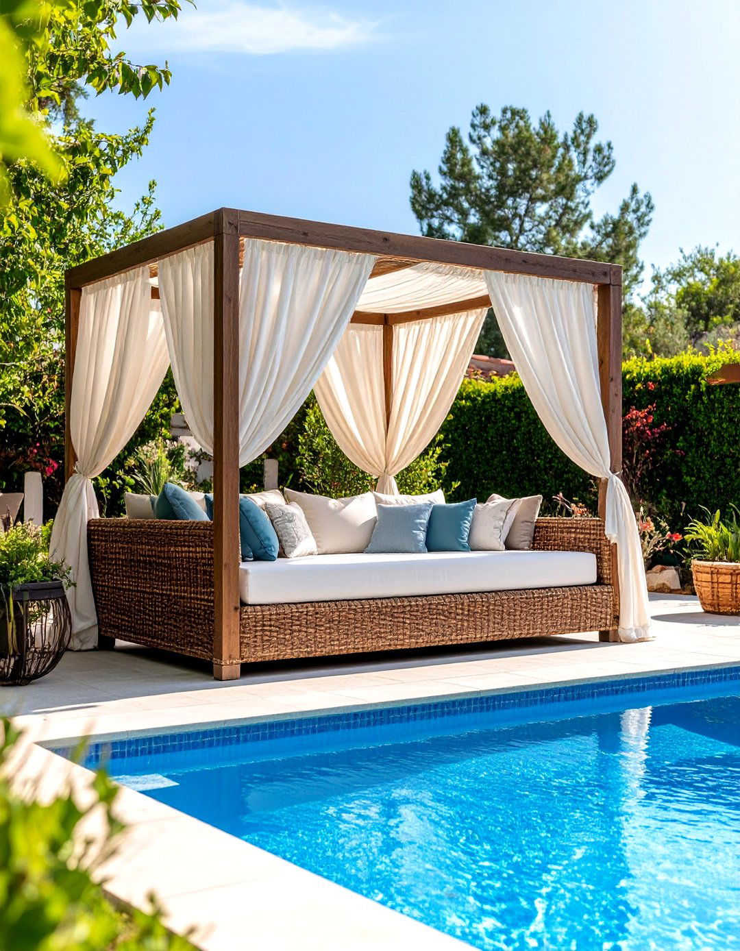 A poolside resort style daybed canopy - 30 backyard canopy ideas