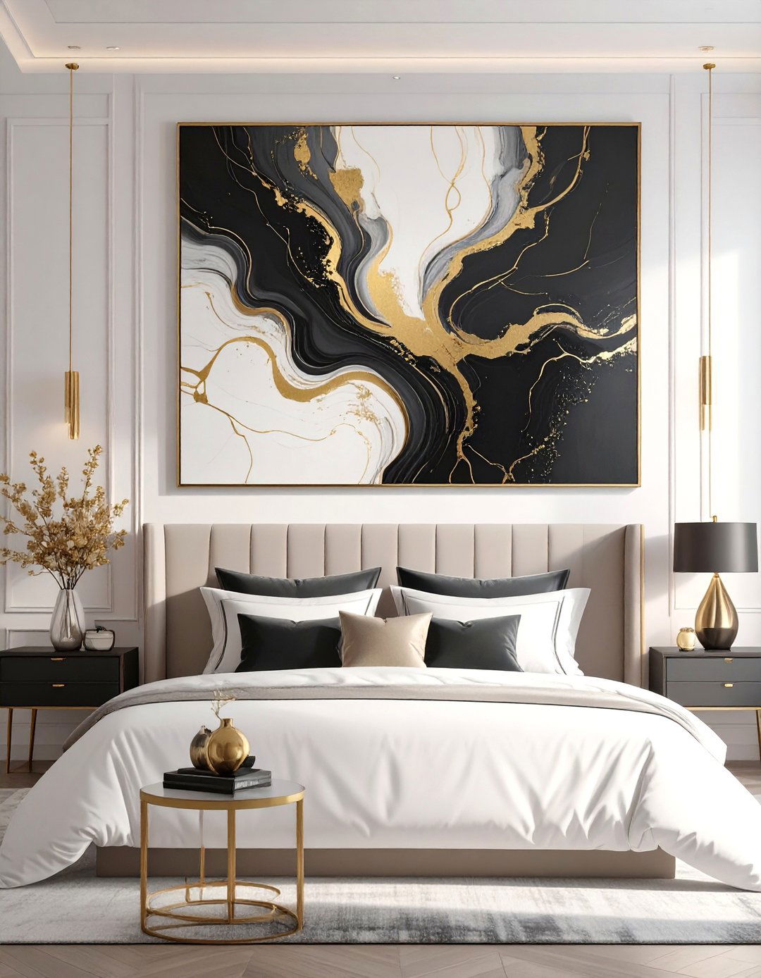 Abstract Art as a Bedroom Focal Point - 30 black and gold bedroom ideas