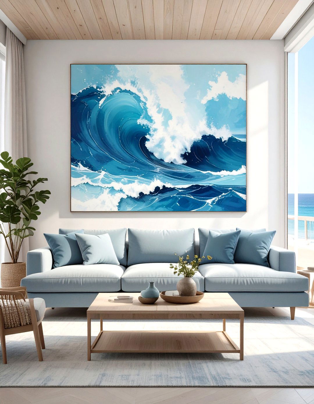 Abstract Ocean Art Focus Living Room - 30 modern coastal living room ideas