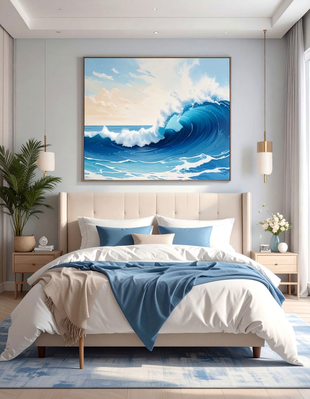 Abstract Ocean Art - 30 seaside modern coastal bedroom ideas
