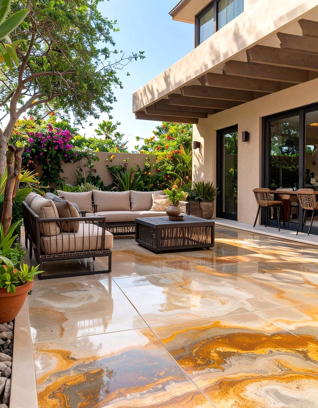 Acid Stained Concrete Patio for a Marbled Effect - 30 cement patio ideas