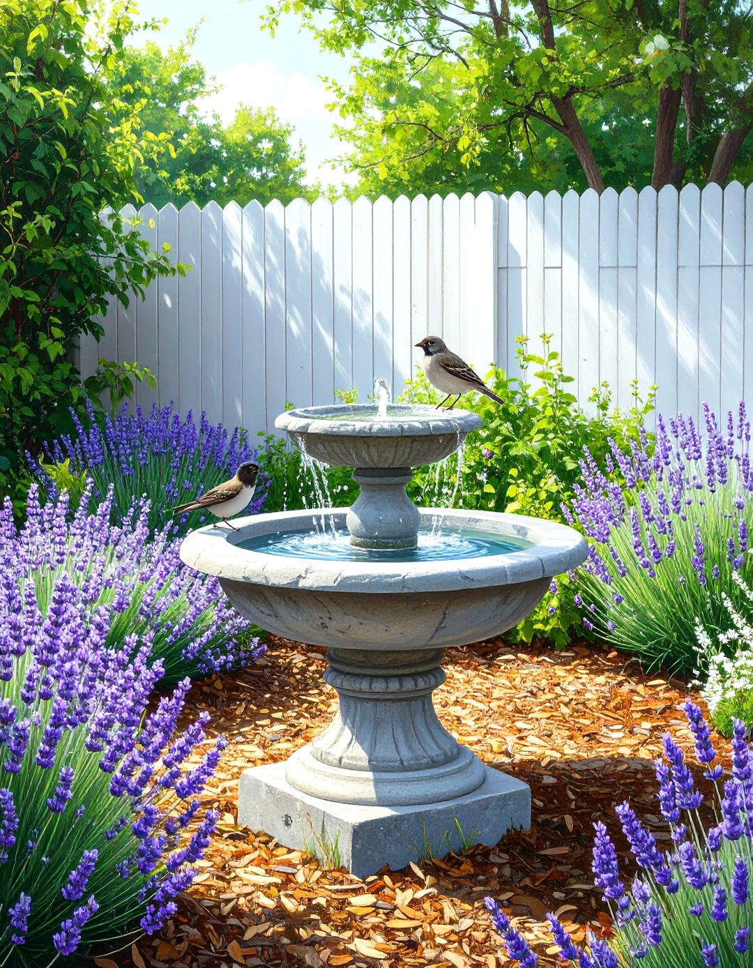 Adding a Small Water Feature or Birdbath Near the Fence Line - 30 simple fence line landscaping ideas