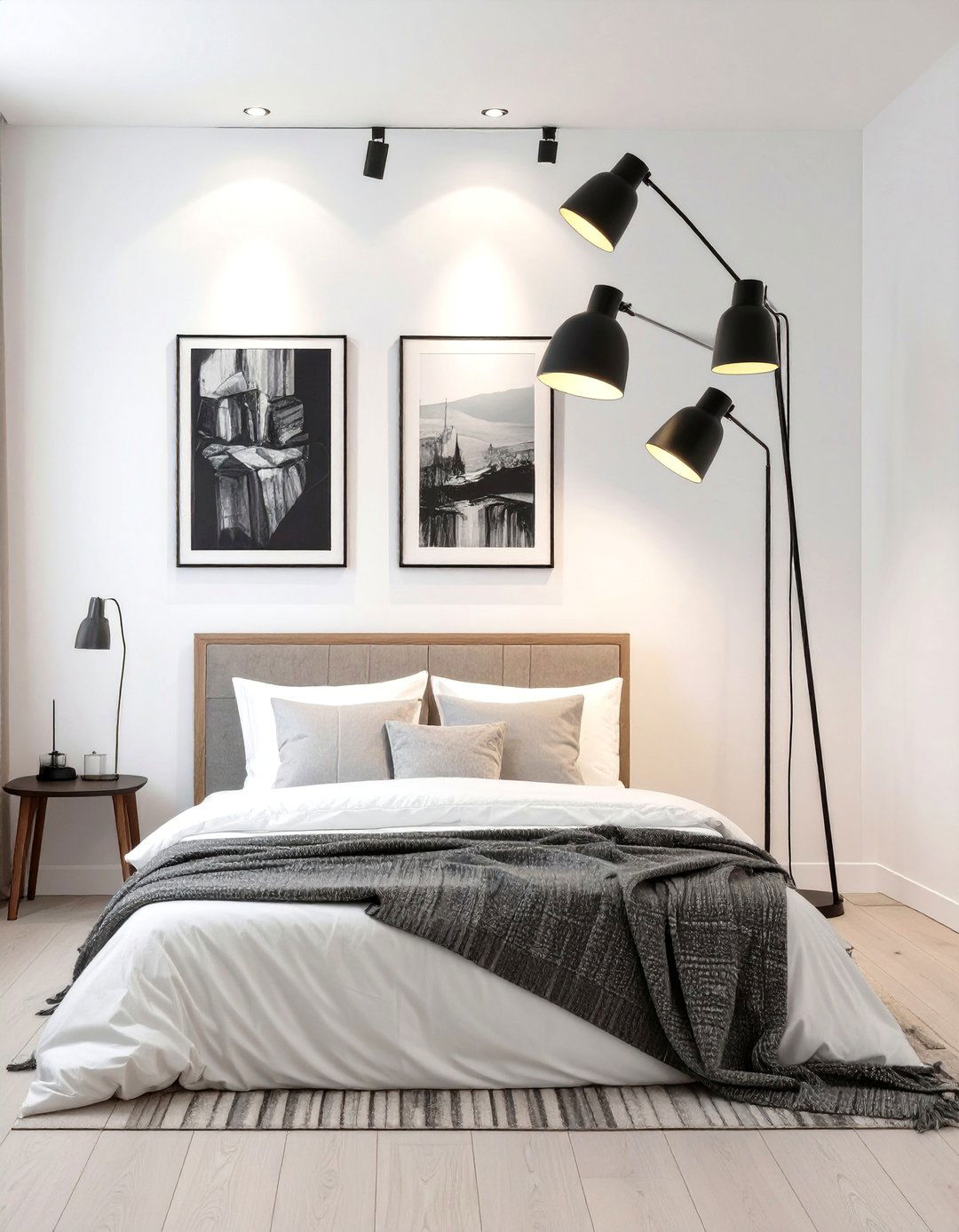 Adjustable Spotlight Floor Lamp in a Gallery Style Bedroom - 30 floor lamps for bedroom ideas