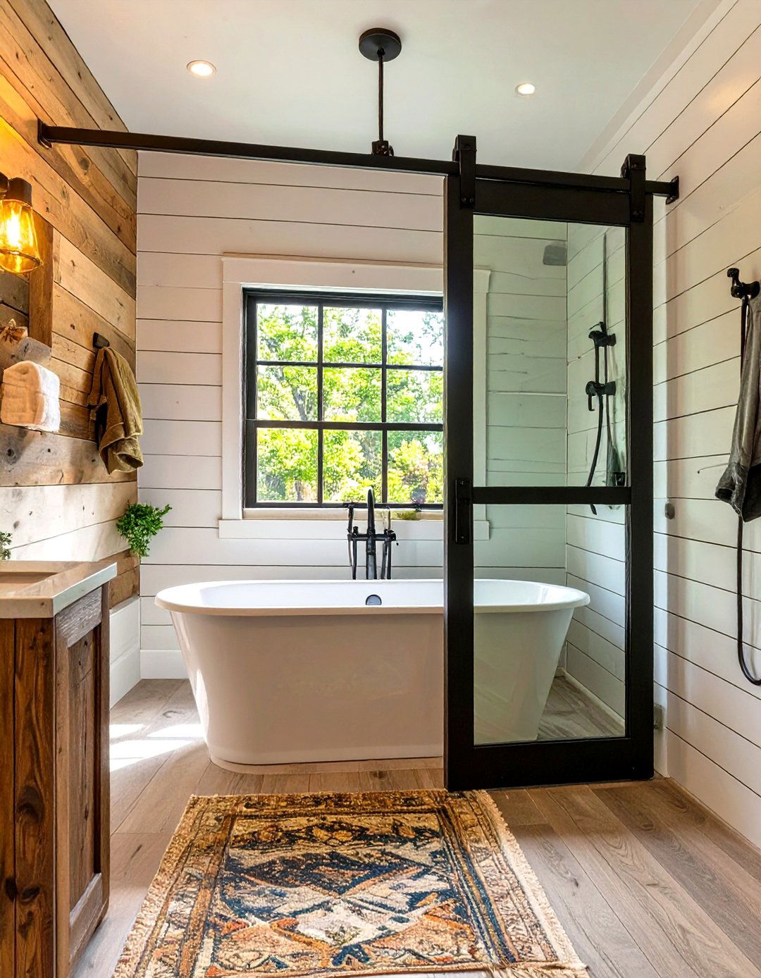 Alcove Tub with a Sliding Barn Door Shower Screen - 30 shower and tub ideas