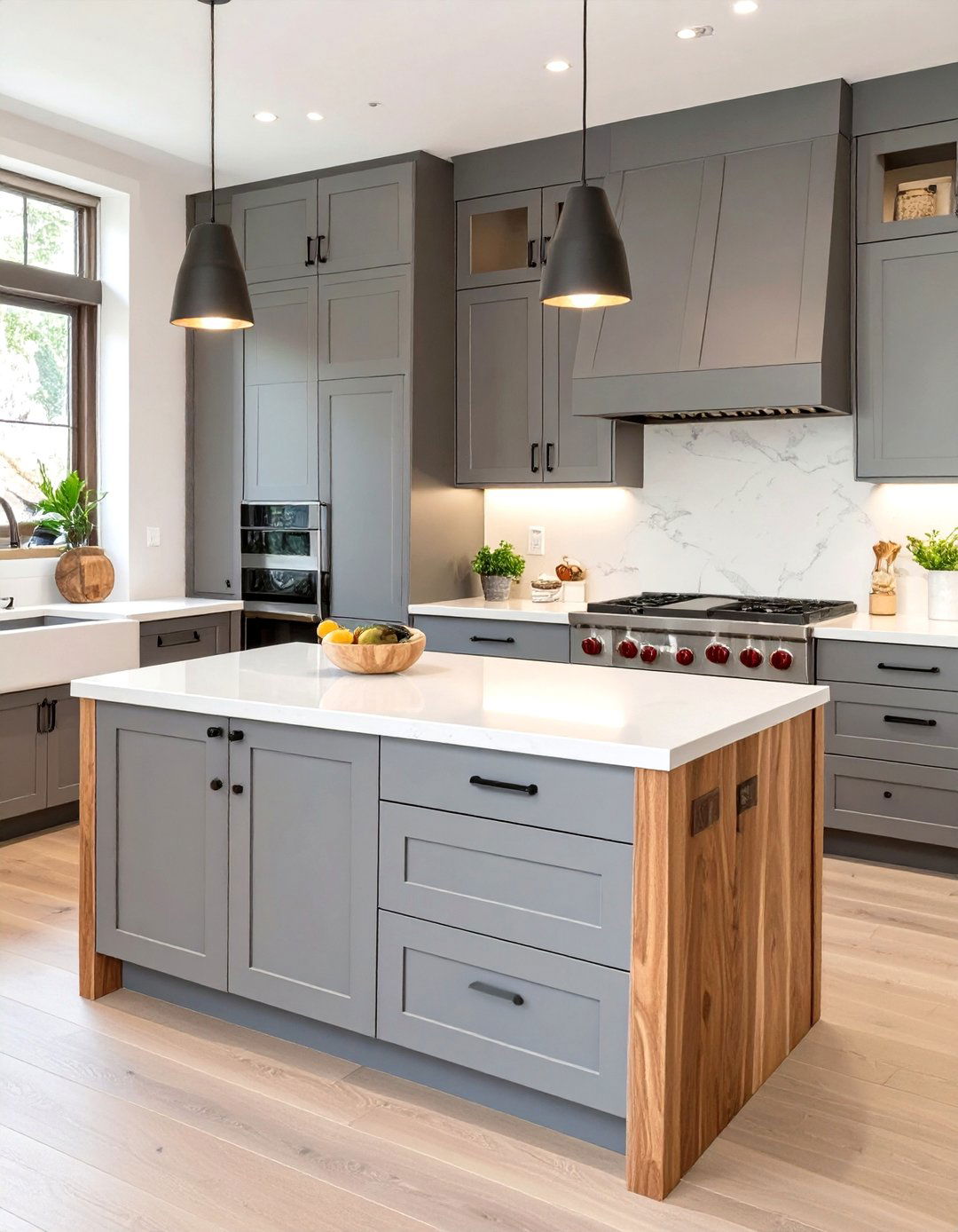 All Gray Cabinets with a Natural Wood Island - 30 two tone painted kitchen cabinet ideas