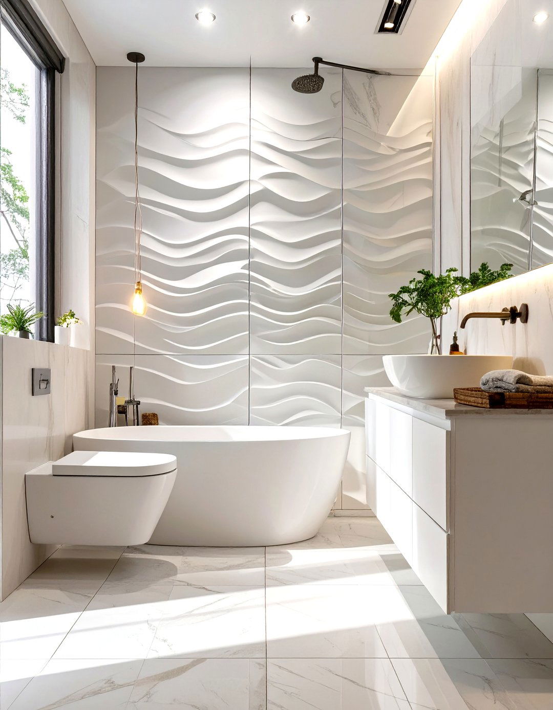 All White Bathroom with Textured Tiles - 30 white bathroom ideas