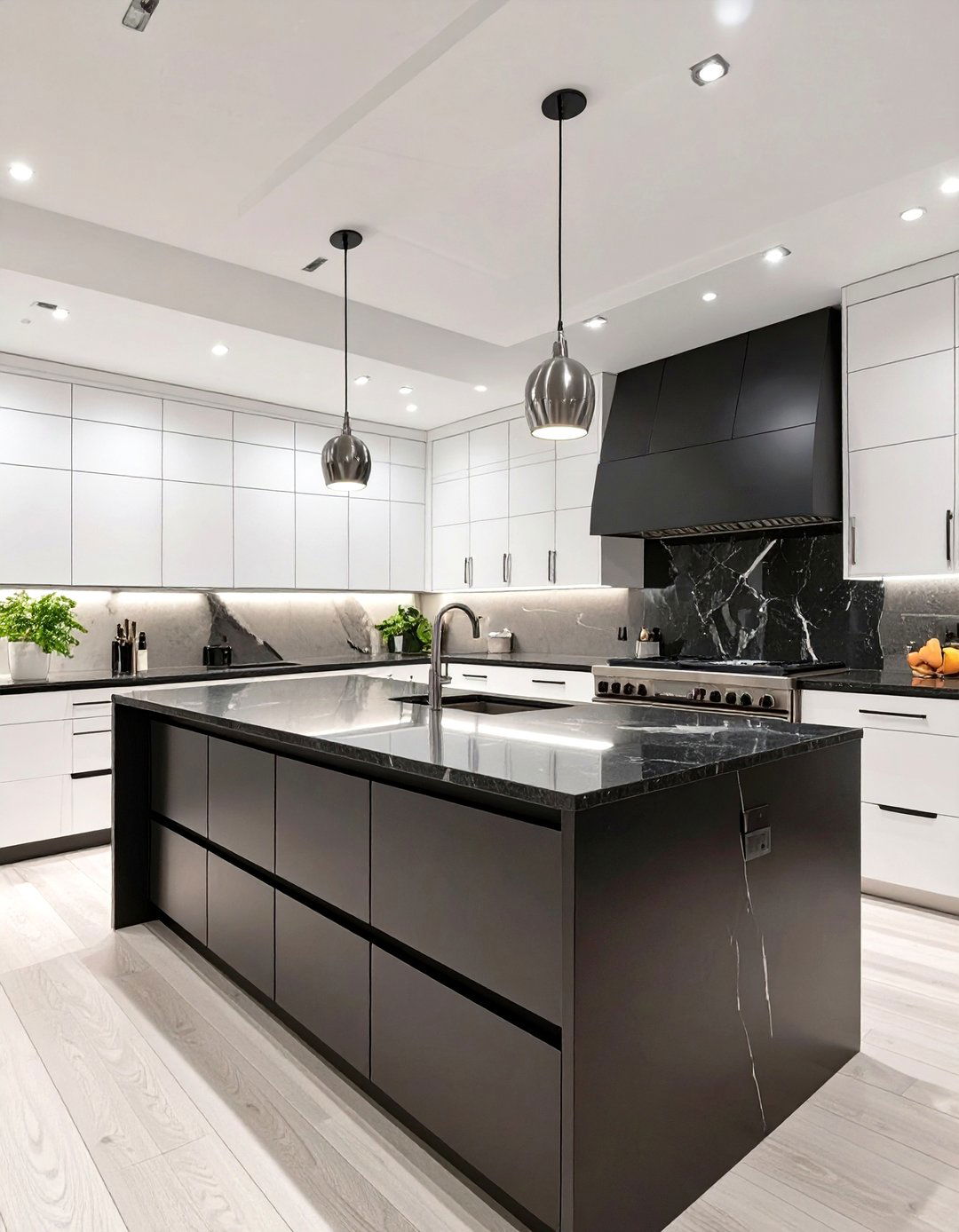 All White Cabinets with a Bold Black Island - 30 two tone painted kitchen cabinet ideas
