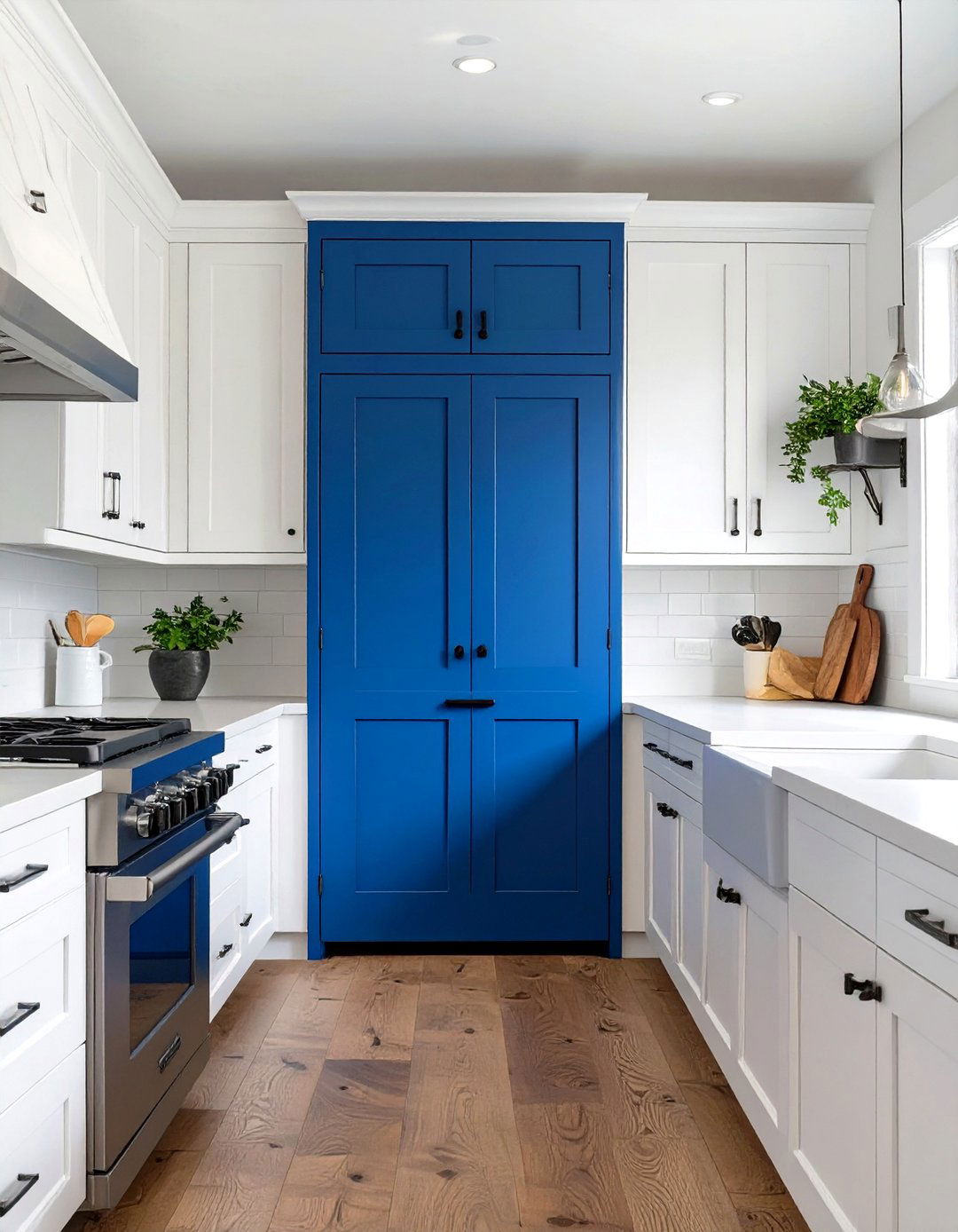 All White Cabinets with a Boldly Painted Pantry Door - 30 two tone kitchen cabinet ideas
