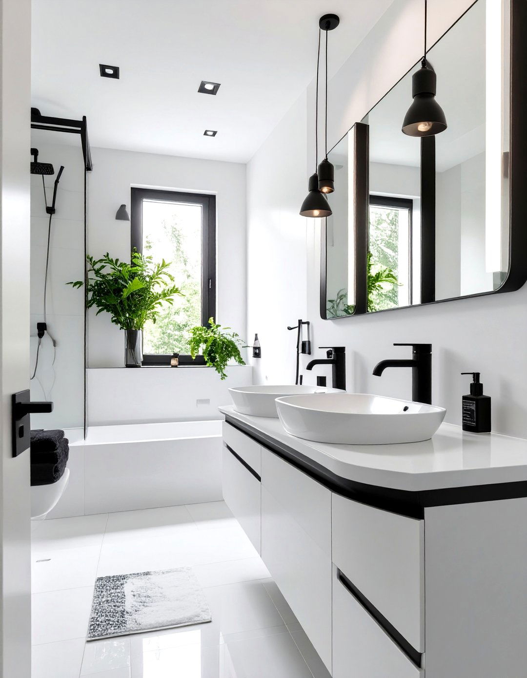 All White with Black Accents Bathroom - 30 black and white small bathroom ideas