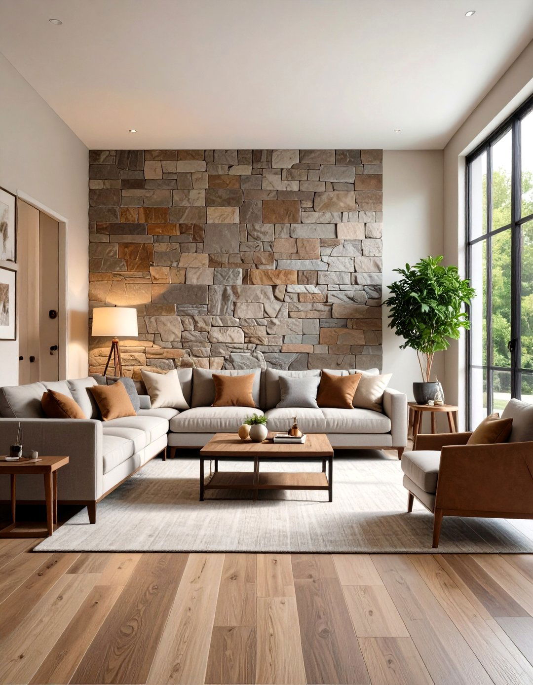 An Accent Wall of Faux Stone Panels - 30 rustic living room ideas