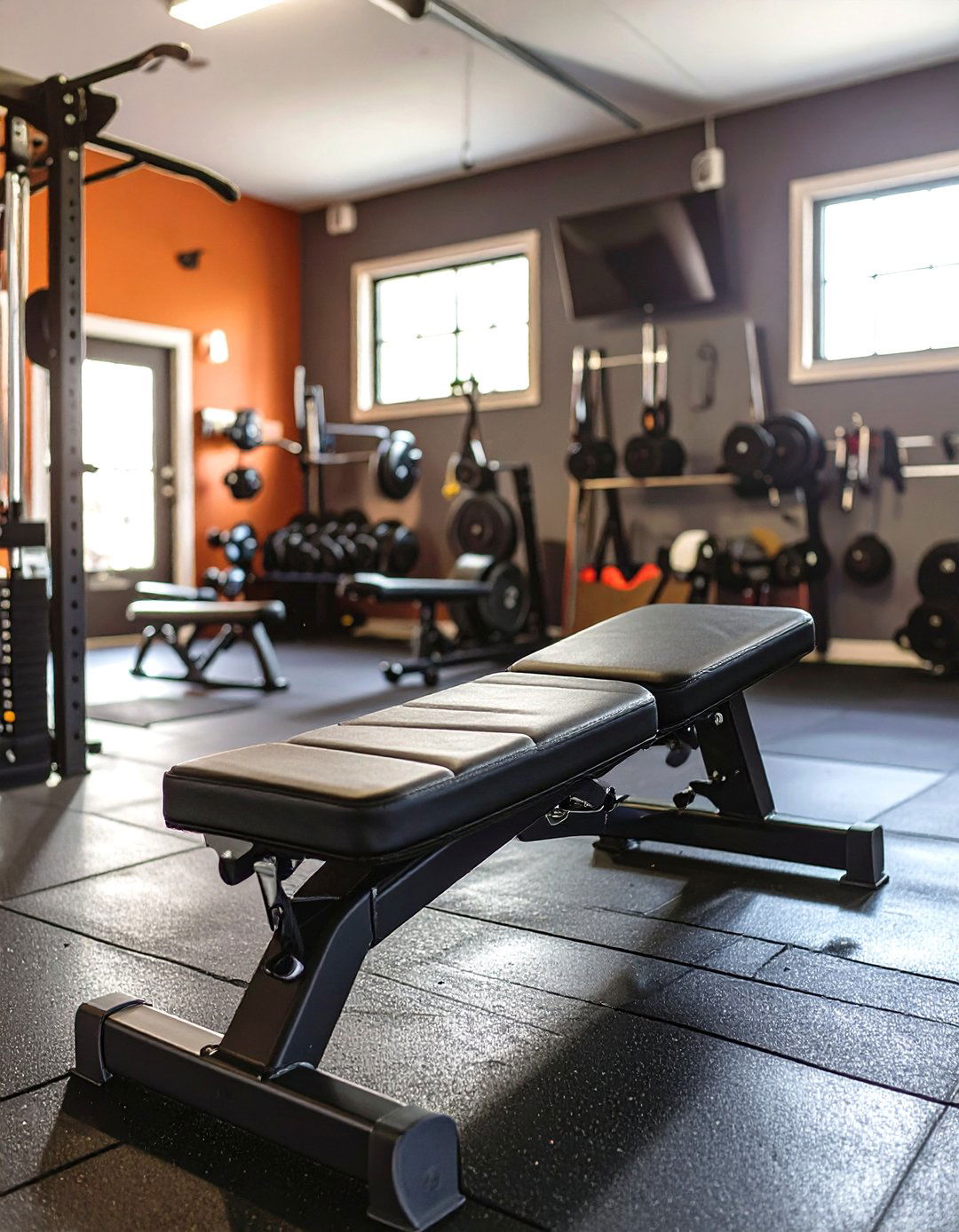 An Adjustable Workout Bench in a Small Garage Gym - 30 small garage gym ideas