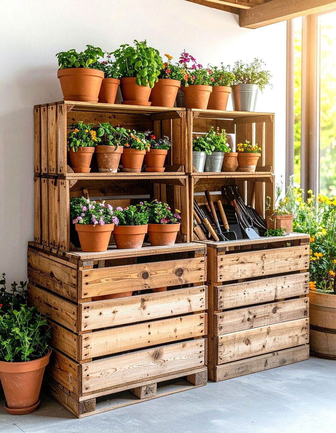 An Antique Crate Display for Pots and Tools - 30 garden tool storage ideas