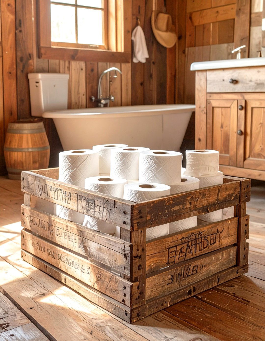 An Antique Wooden Crate for Toilet Paper Storage - 30 western bathroom ideas