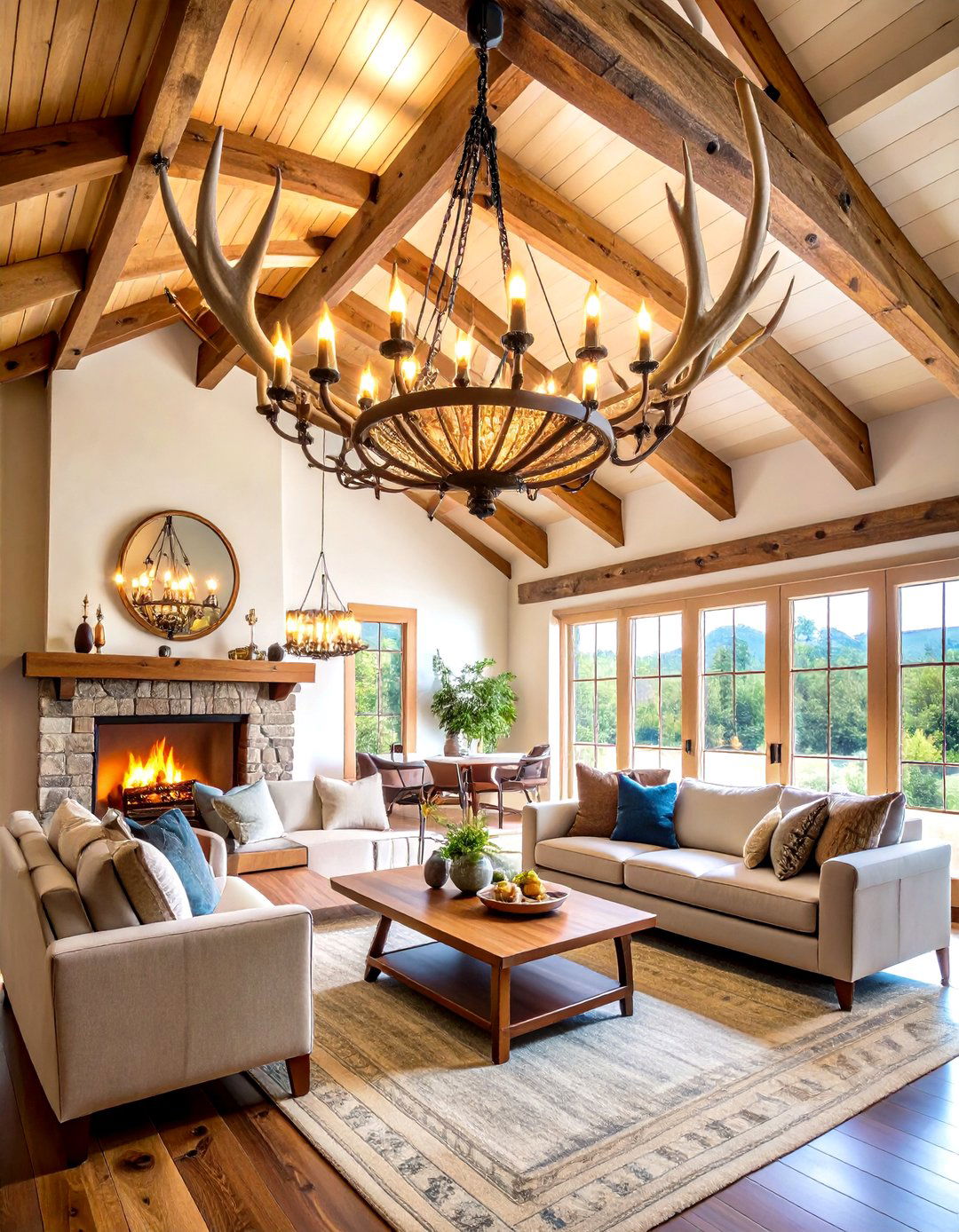 An Antler Chandelier as a Statement Piece - 30 rustic living room ideas