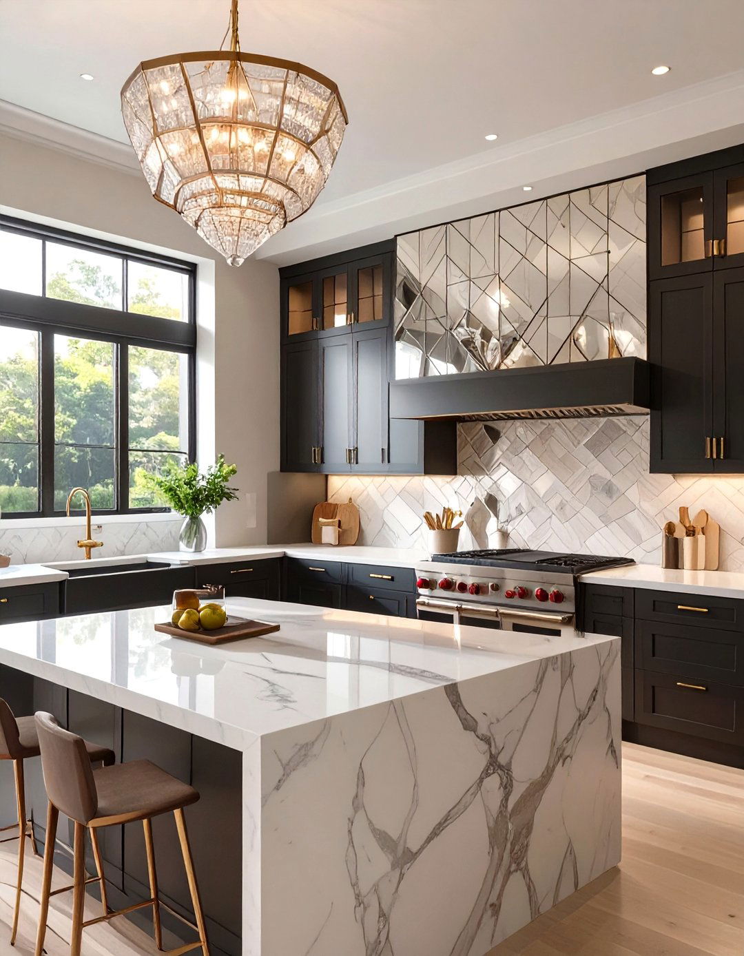 An Art Deco Kitchen with Mirrored Tiles - 30 backsplash ideas for kitchen