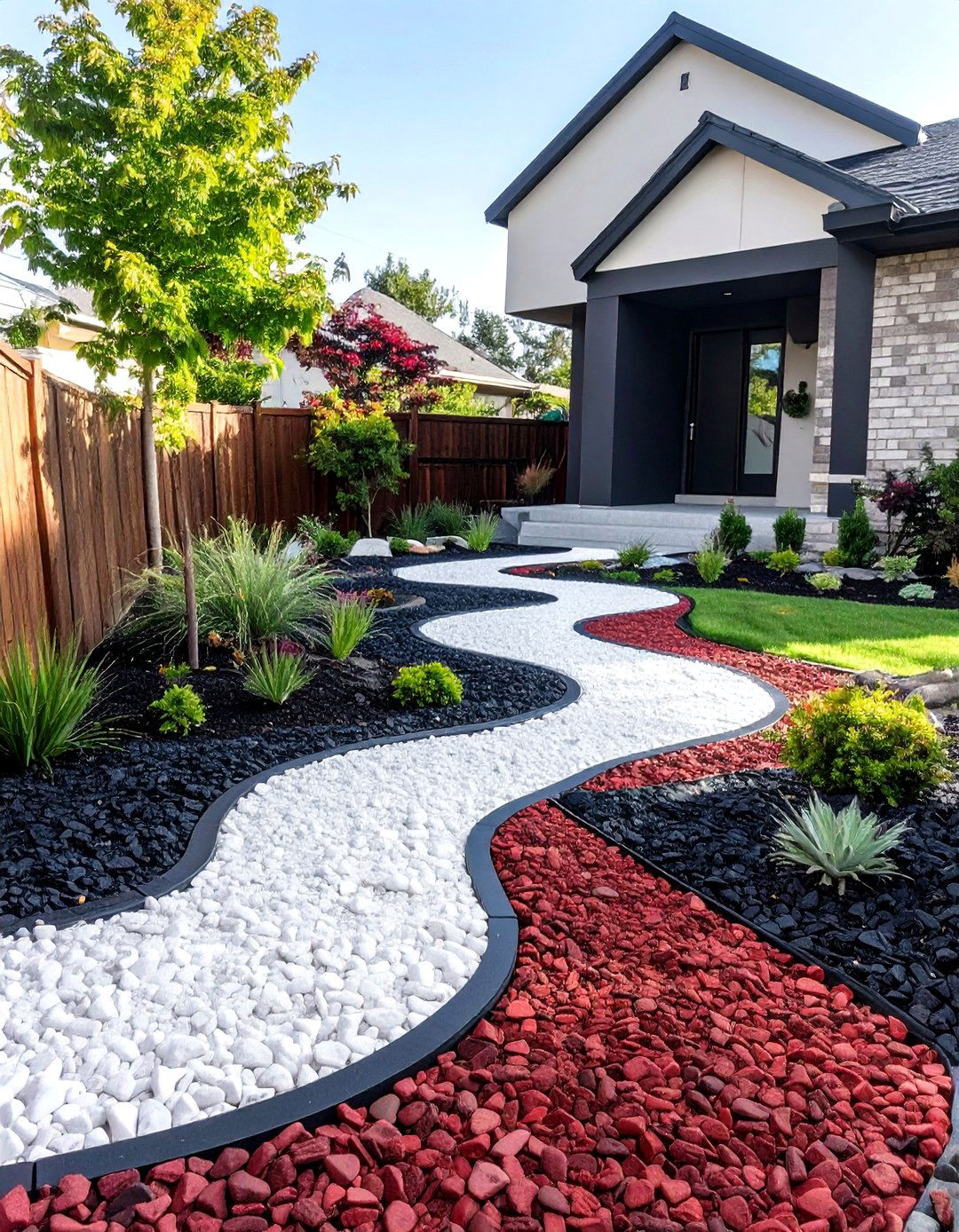 An Artistic Mosaic with Colored Gravel - 30 low maintenance front yard landscaping ideas with rocks and mulch