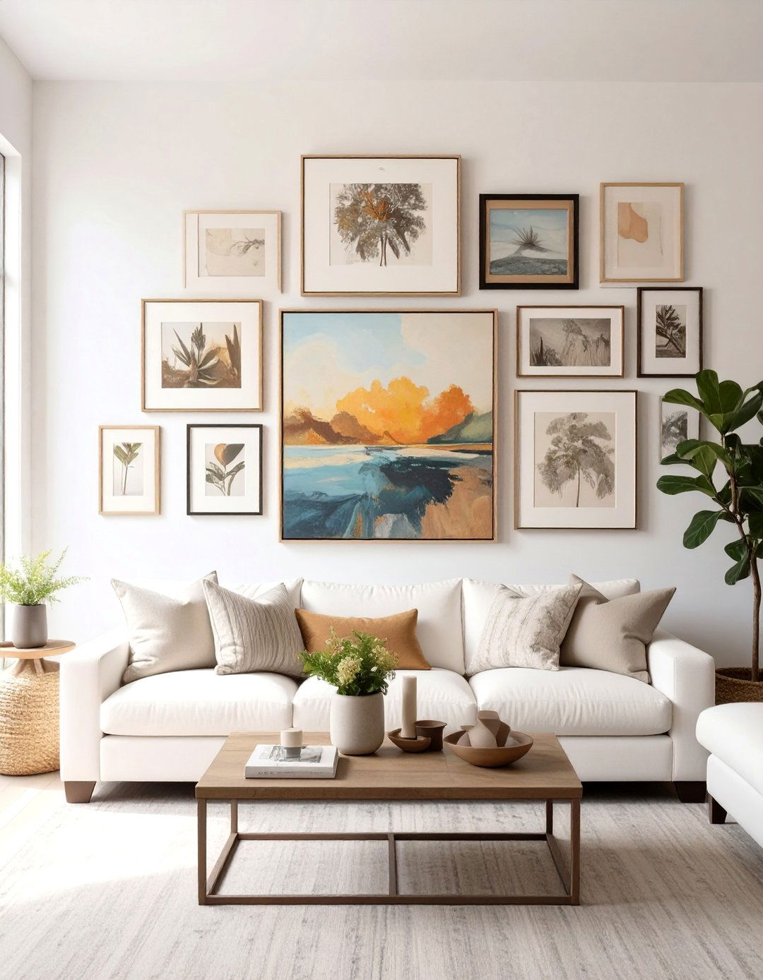 An Asymmetrical Gallery Layout - 30 creative living room wall decor ideas