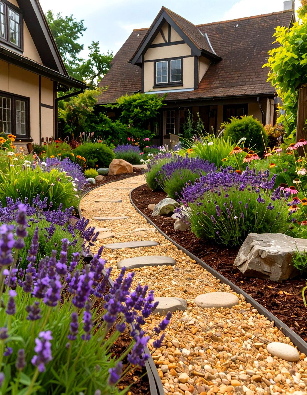 An English Cottage Style with Gravel Paths - 30 low maintenance front yard landscaping ideas with rocks and mulch