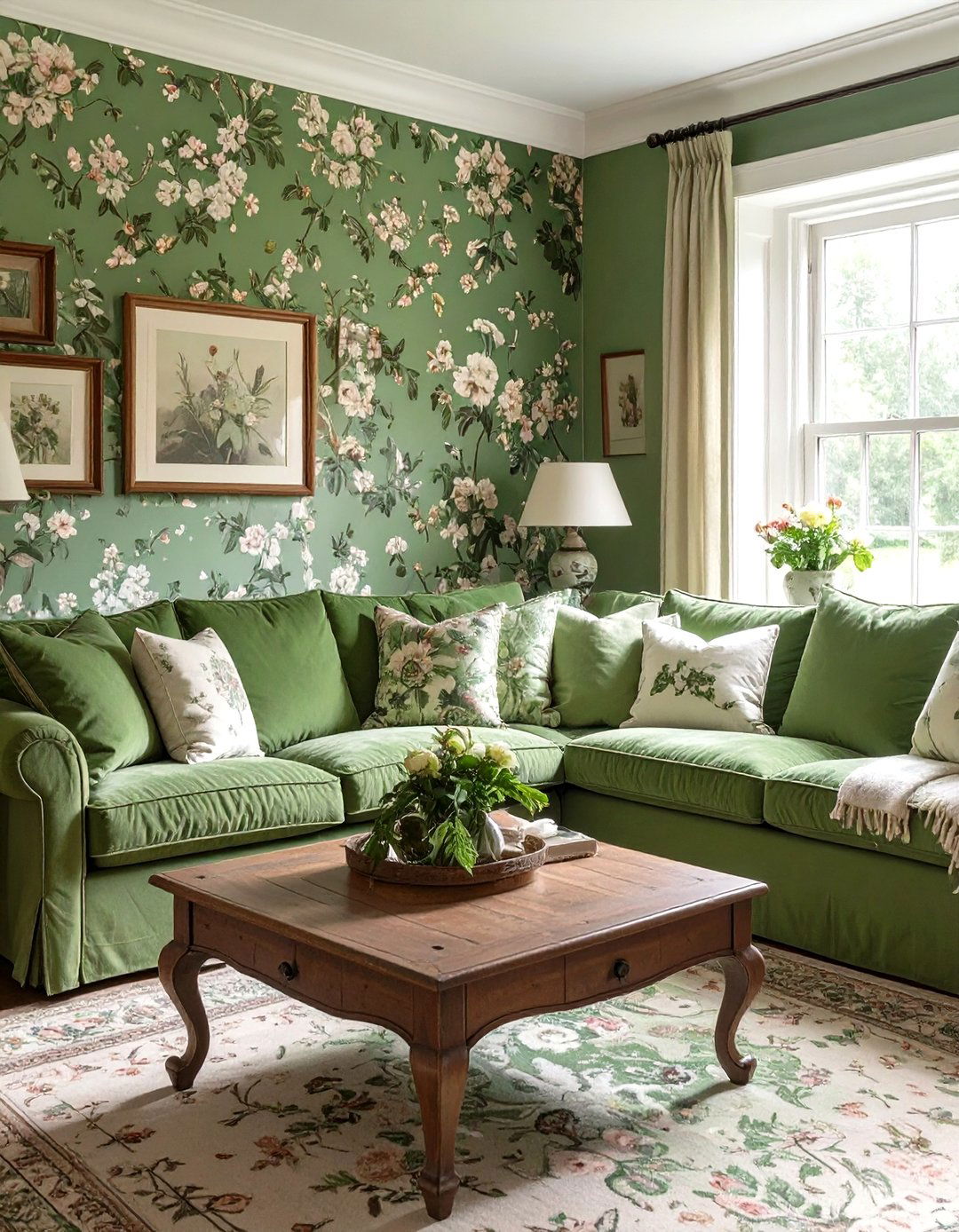 An English Country House Living Room with Botanical Greens - 30 green interior design ideas
