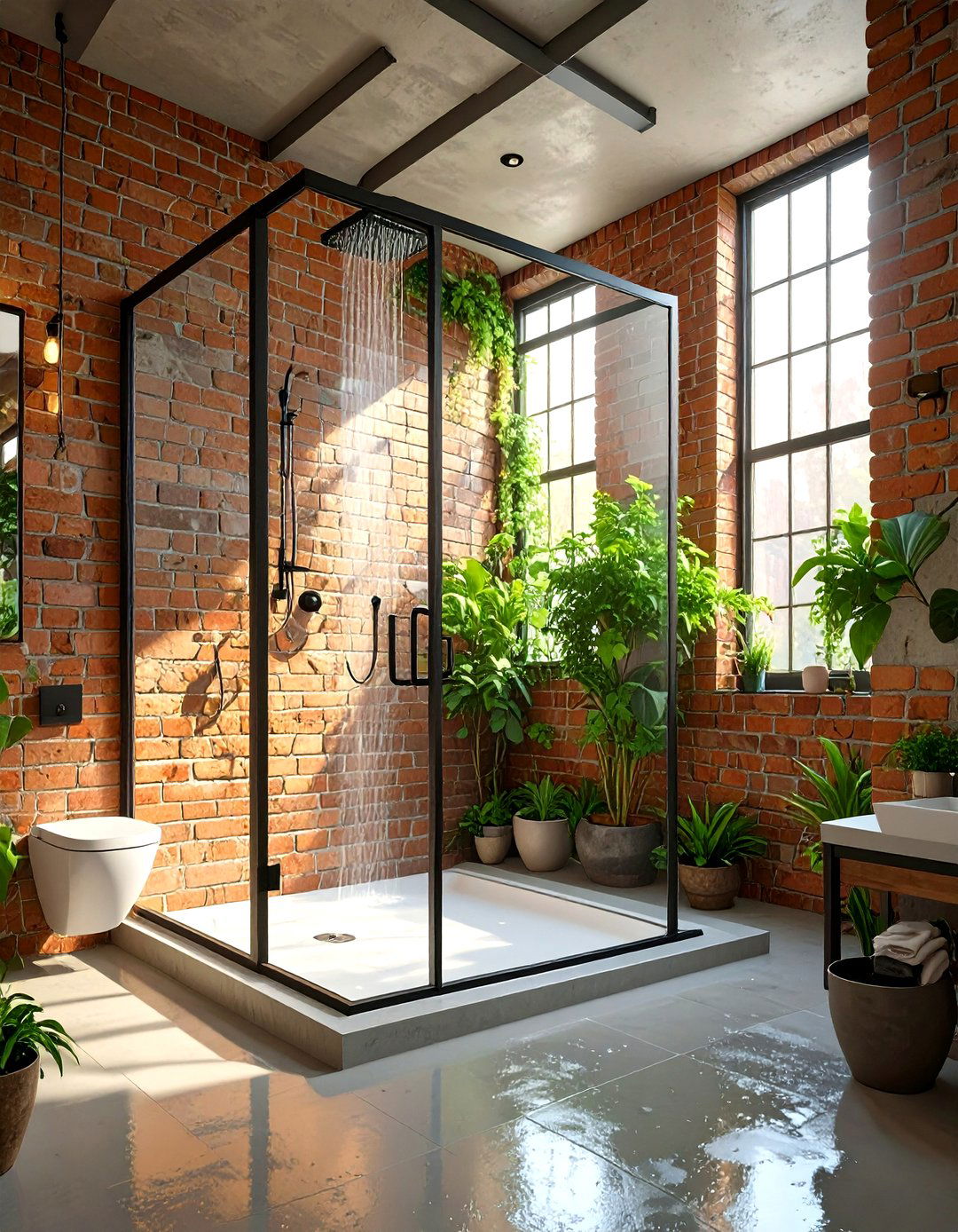 An Industrial Brick and Steel Open Shower - 30 open shower ideas