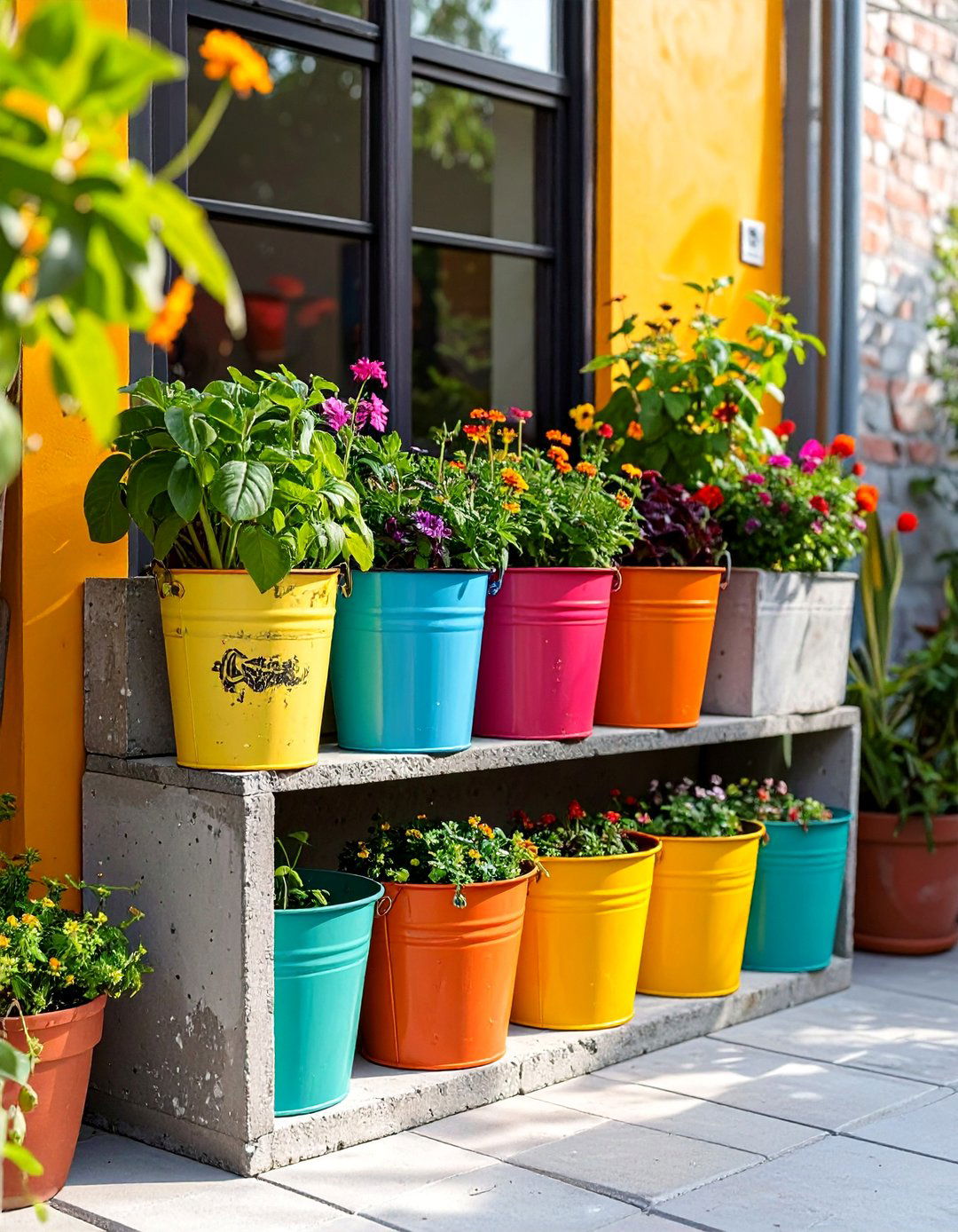 An Industrial Chic Cinder Block and Bucket Garden - 30 bucket garden ideas