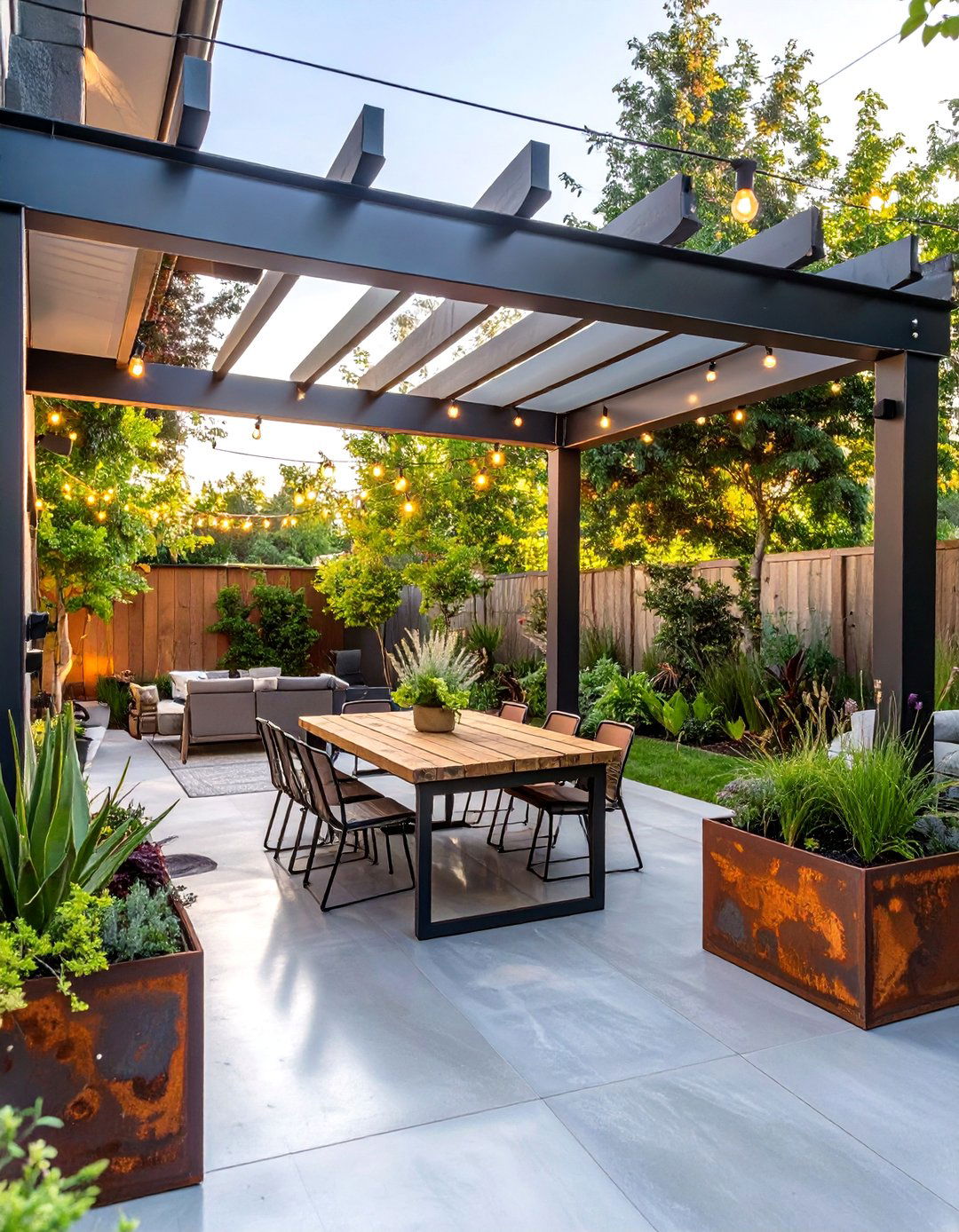 An Industrial Chic Patio with Metal Accents - 30 backyard patio landscaping ideas