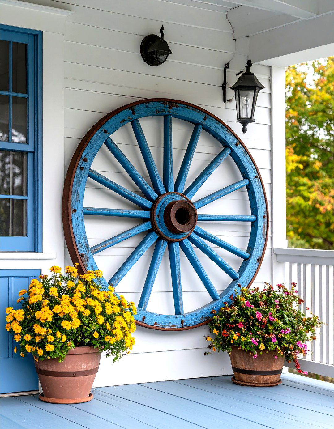 An Old Wagon Wheel as a Rustic Focal Point - 30 rustic front porch decorating ideas