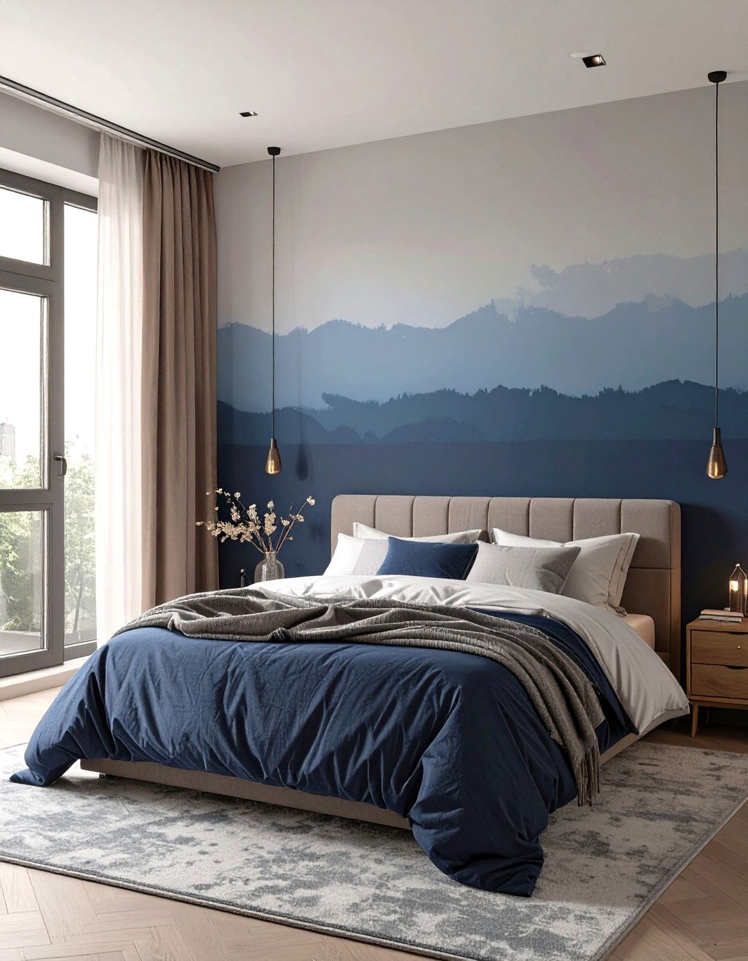 An Ombre Wall Bedroom - 30 navy blue and grey bedroom ideas