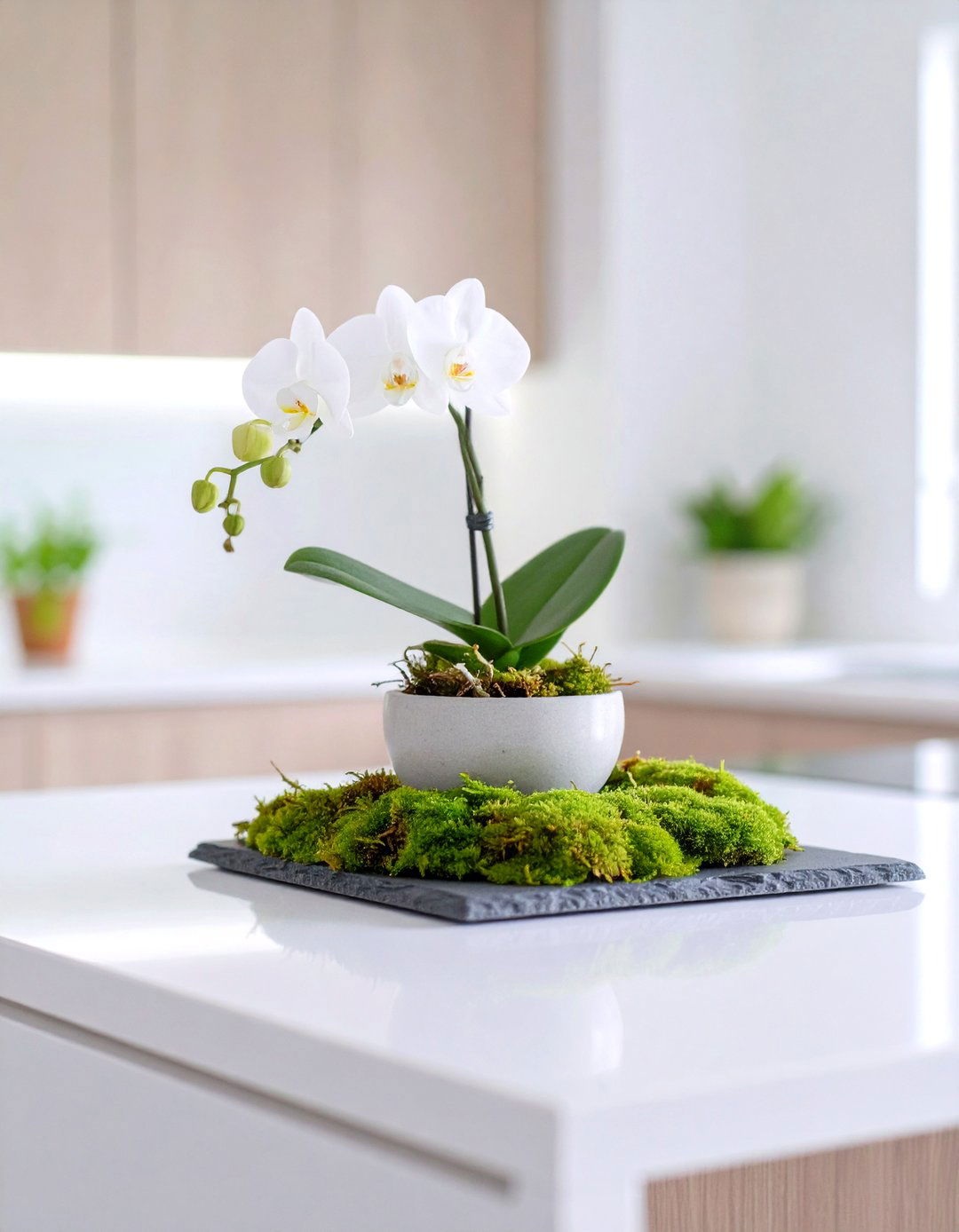 An Orchid and Moss Kitchen Island - 30 centerpiece kitchen island decor ideas