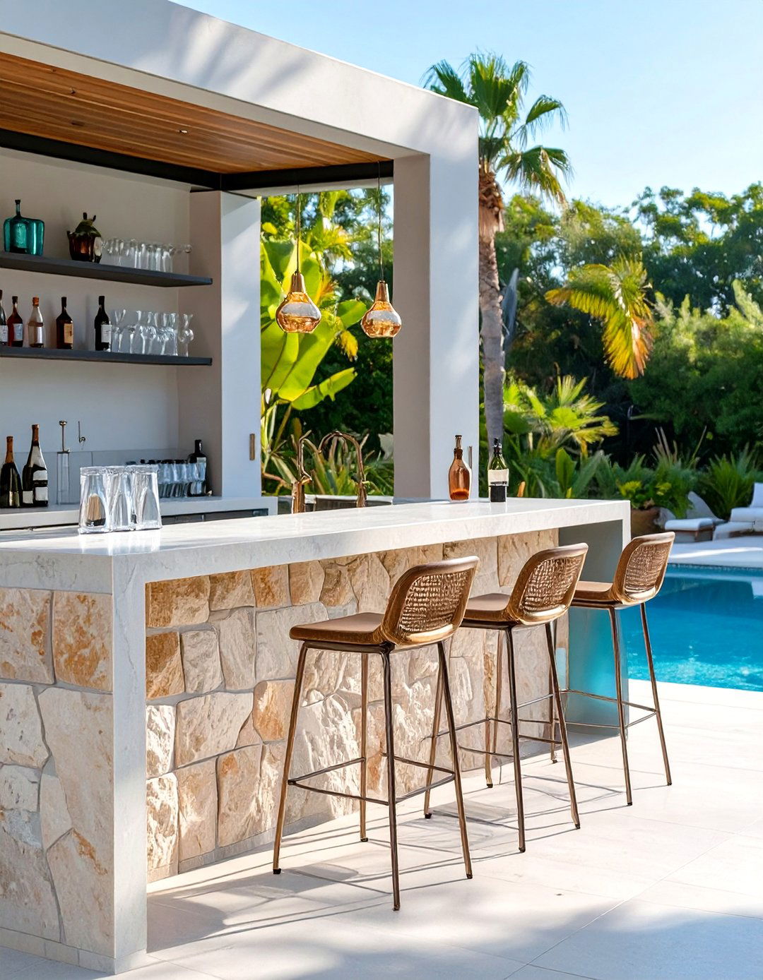 An Outdoor Bar with Comfortable Stools - 30 outdoor oasis ideas