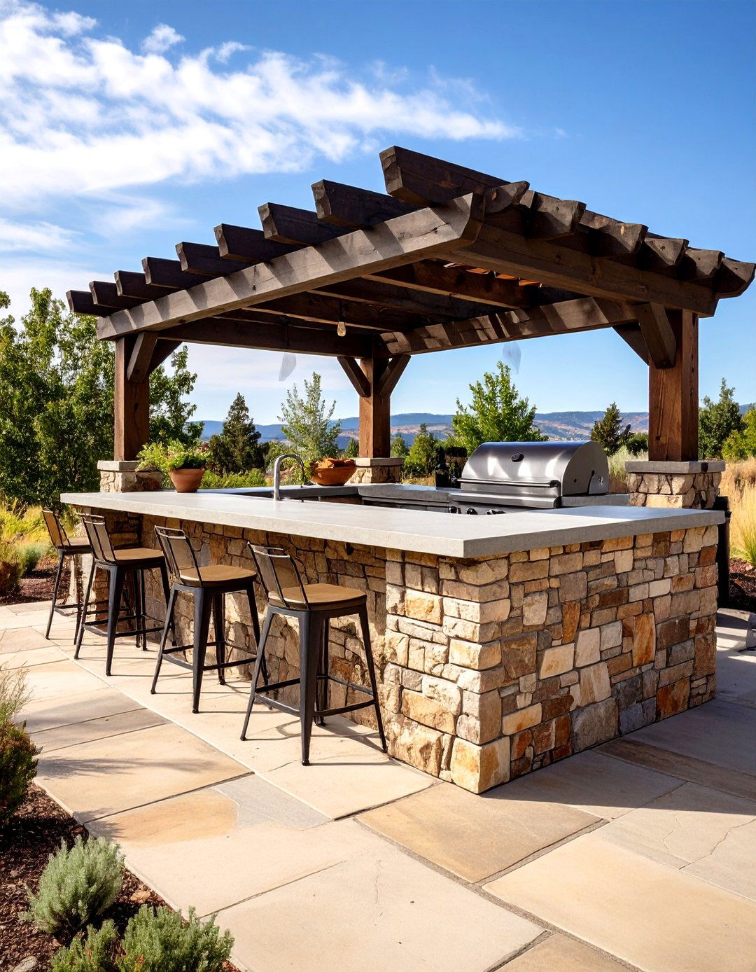 An Outdoor Kitchen with a Stone Bar - 30 farmhouse landscaping ideas