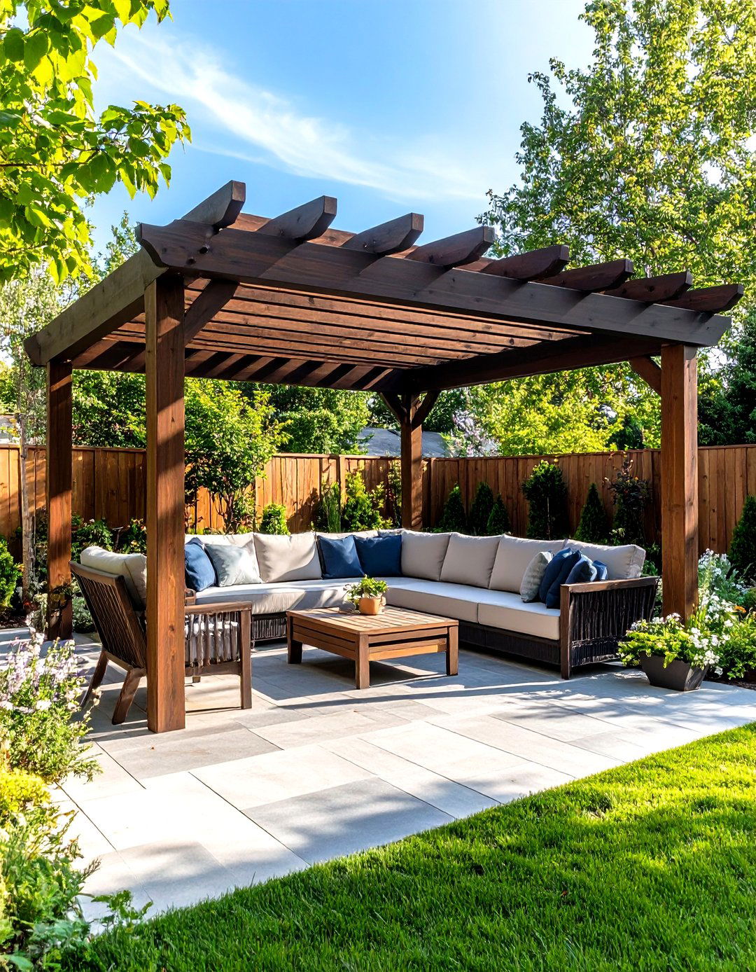 An Outdoor Living Room with a Pergola - 30 residential landscape design ideas