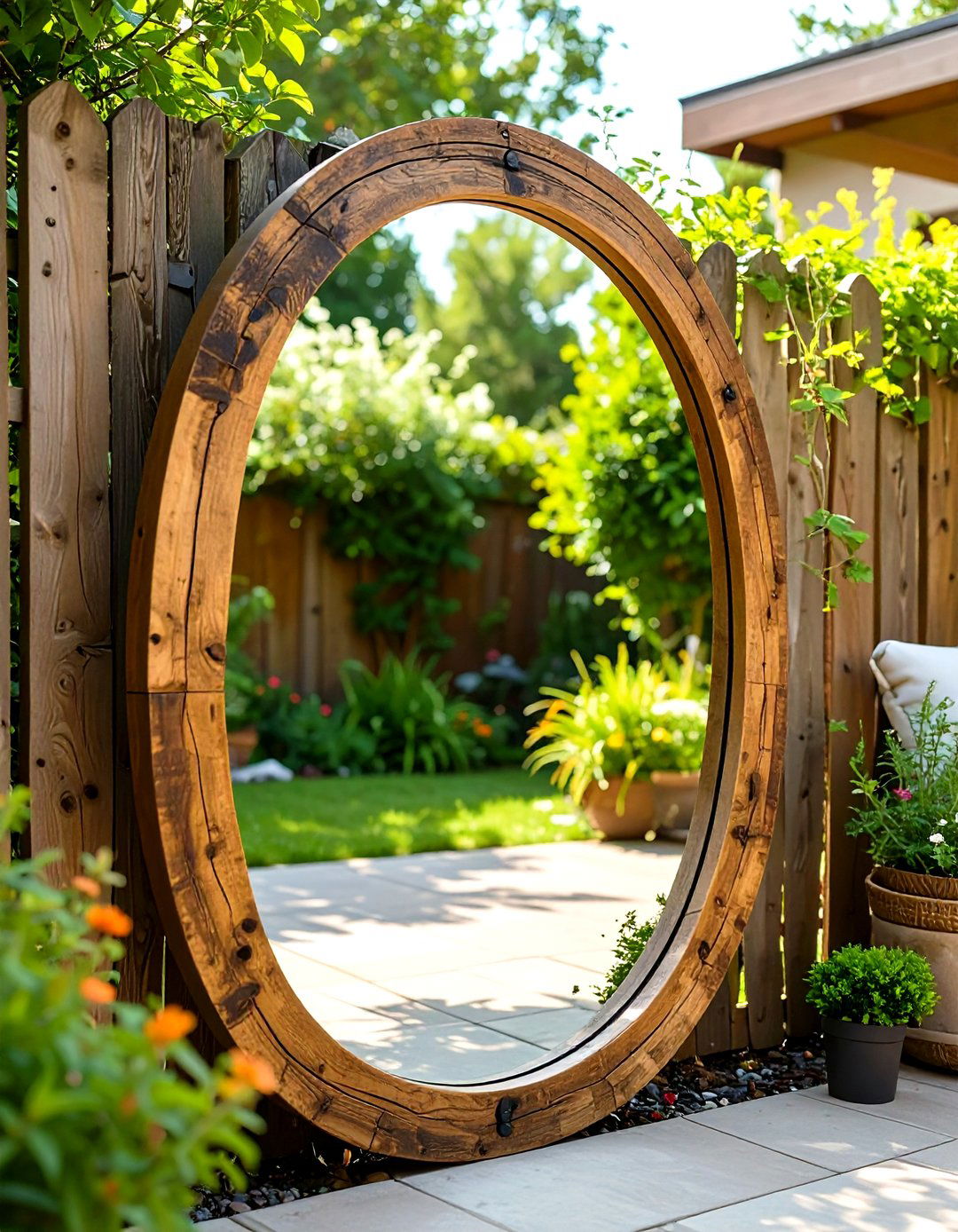 An Outdoor Mirror on a Patio Wall - 30 simple patio ideas