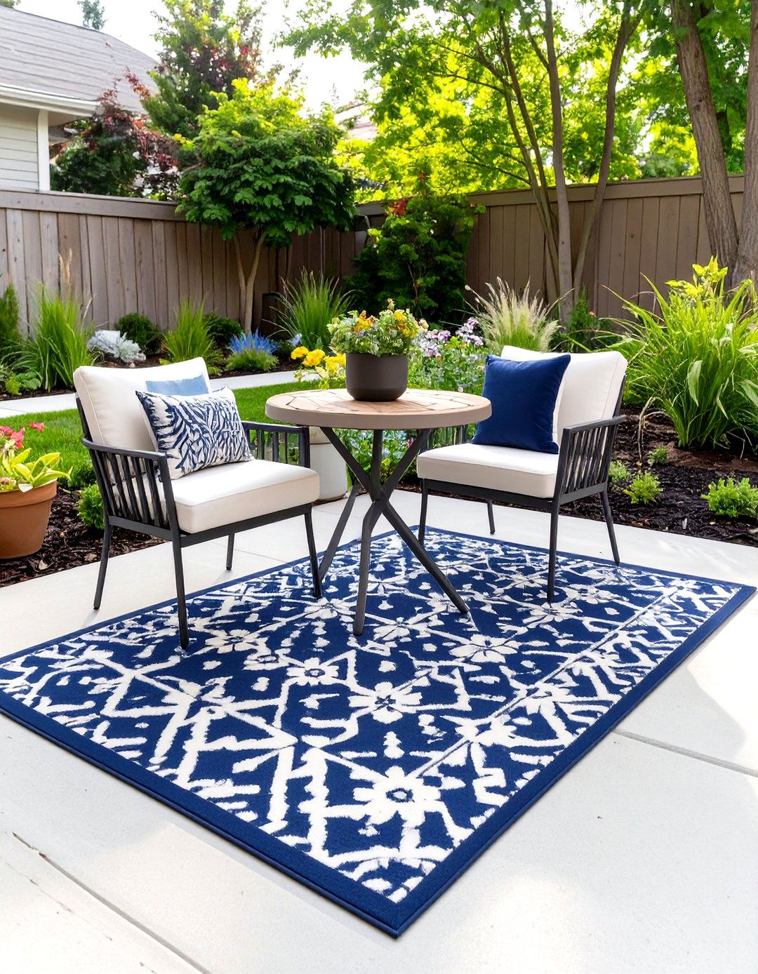 An Outdoor Rug to Define a Living Zone - 30 small backyard landscaping ideas