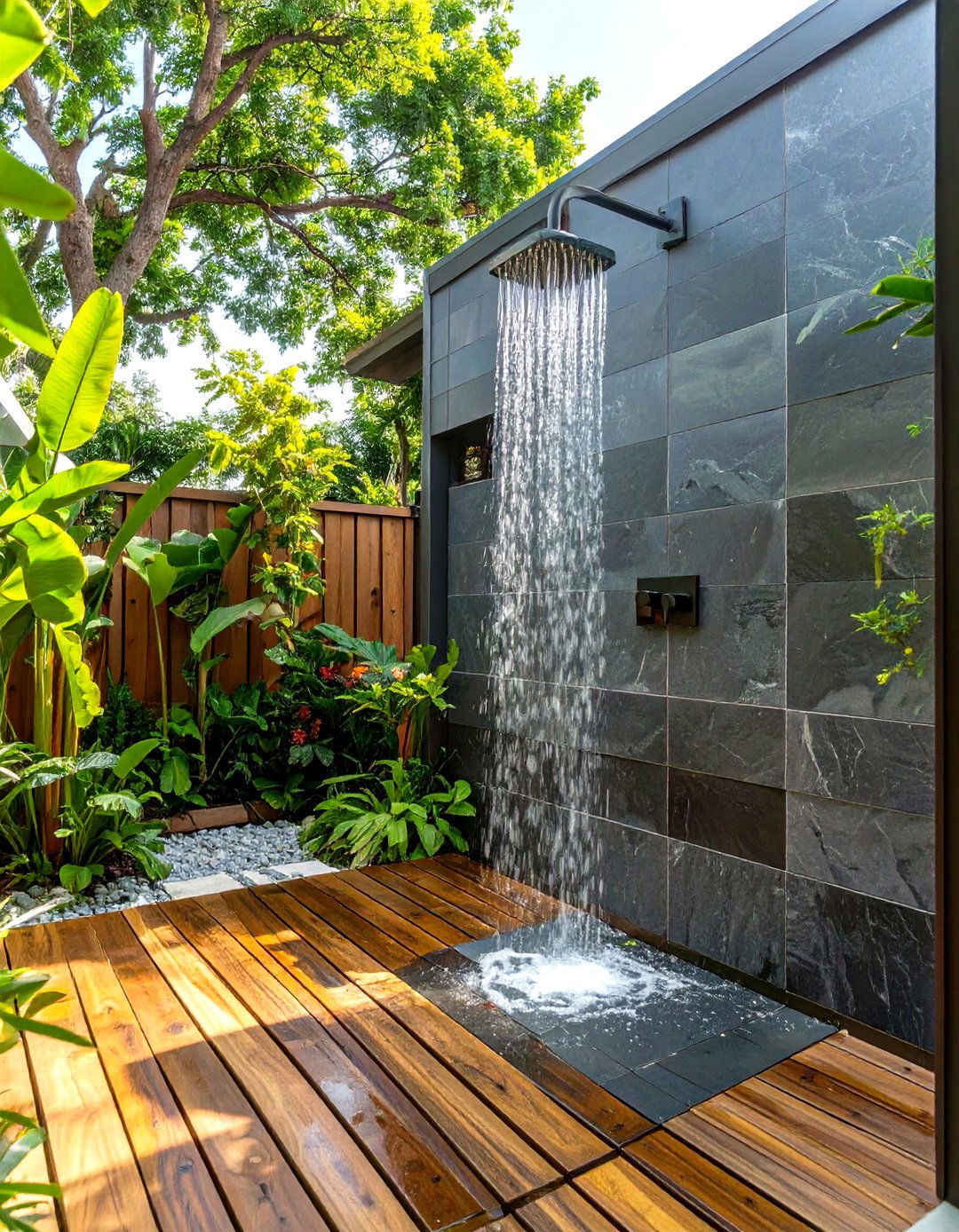 An Outdoor Shower with Slate Tile - 30 outdoor oasis ideas