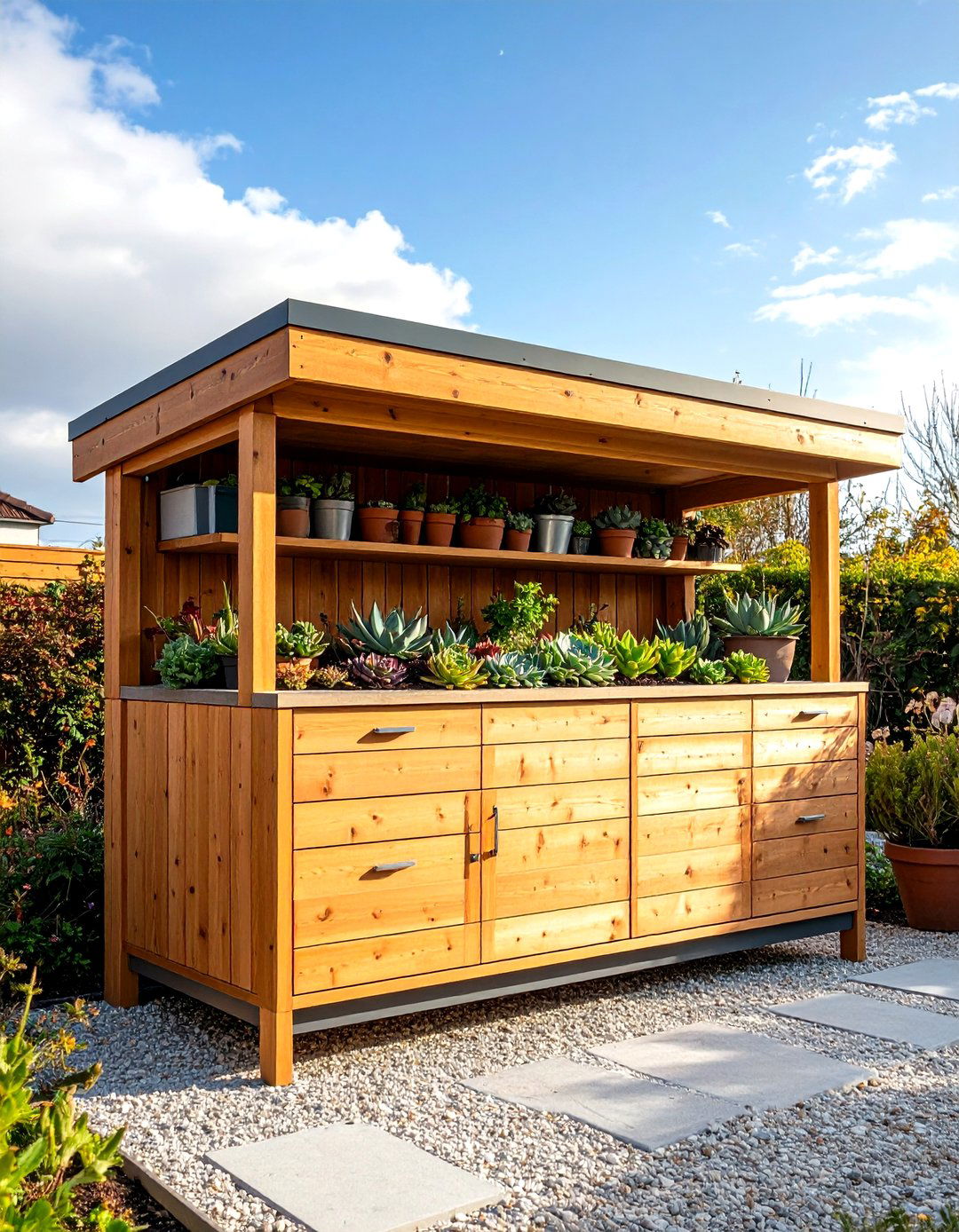 An Outdoor Storage Cabinet with a Green Roof - 30 garden tool storage ideas