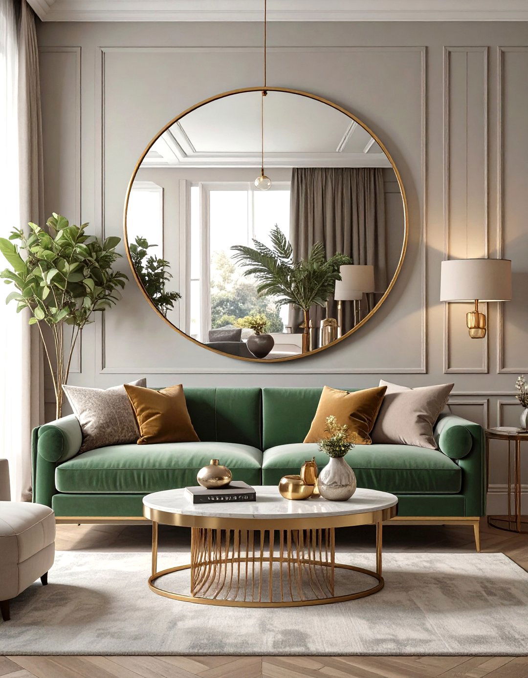 An Oversized Round Mirror - 30 modern large wall decor ideas for living room