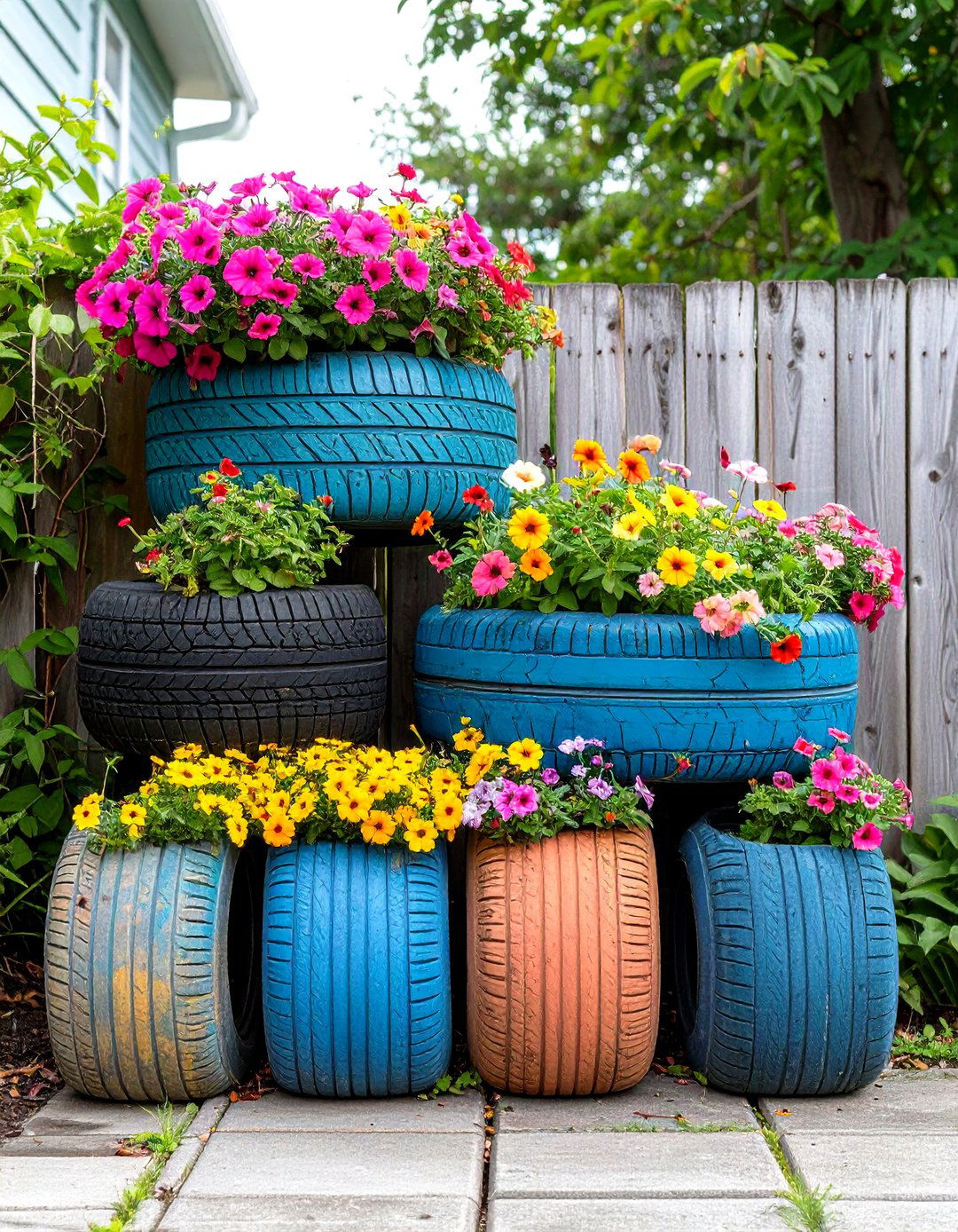 An upcycled tire planter display - 30 easy backyard ideas